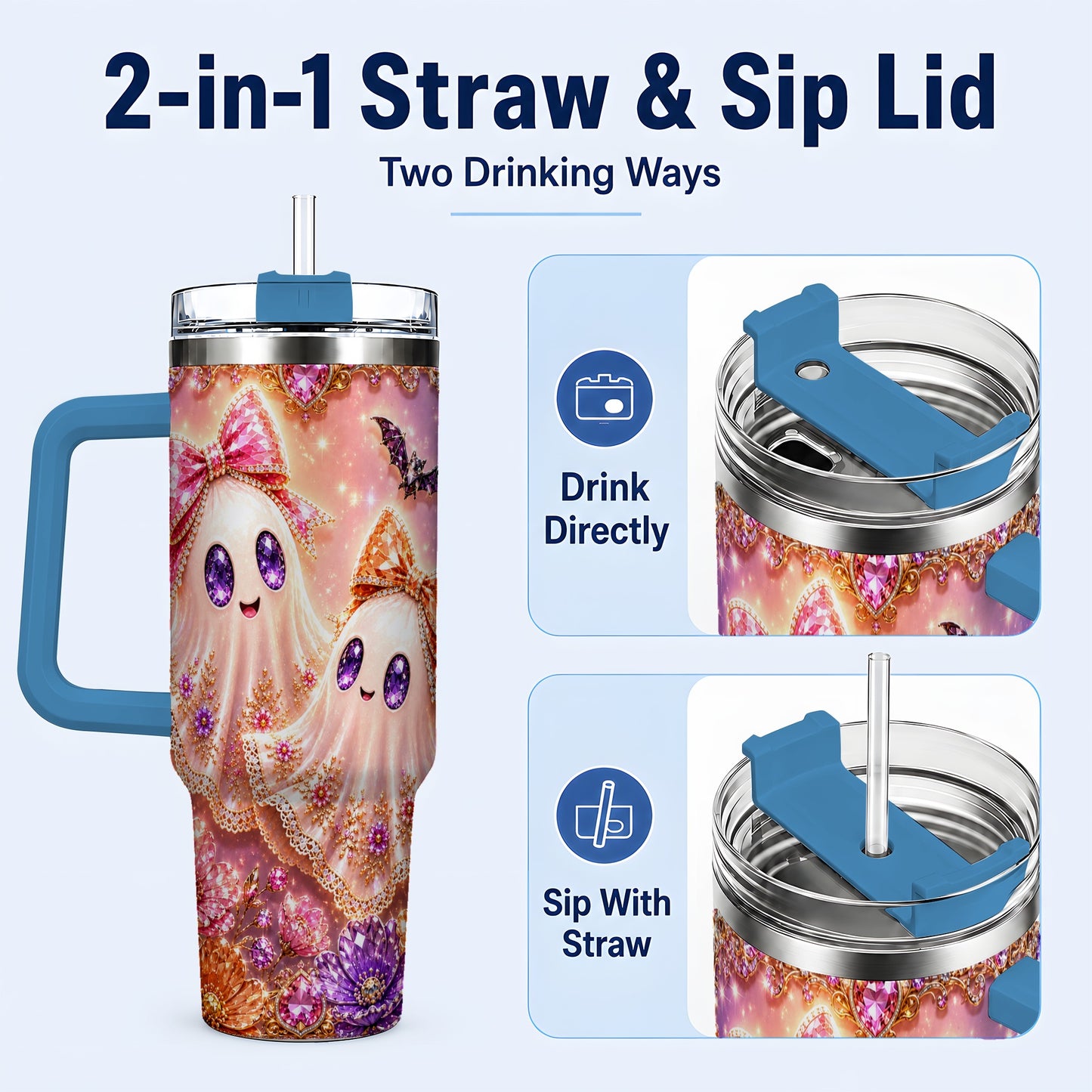 #pl[40oz|Blue] Floral Ghost 40oz Tumbler with Handle, Halloween Stainless Steel Travel Cup
