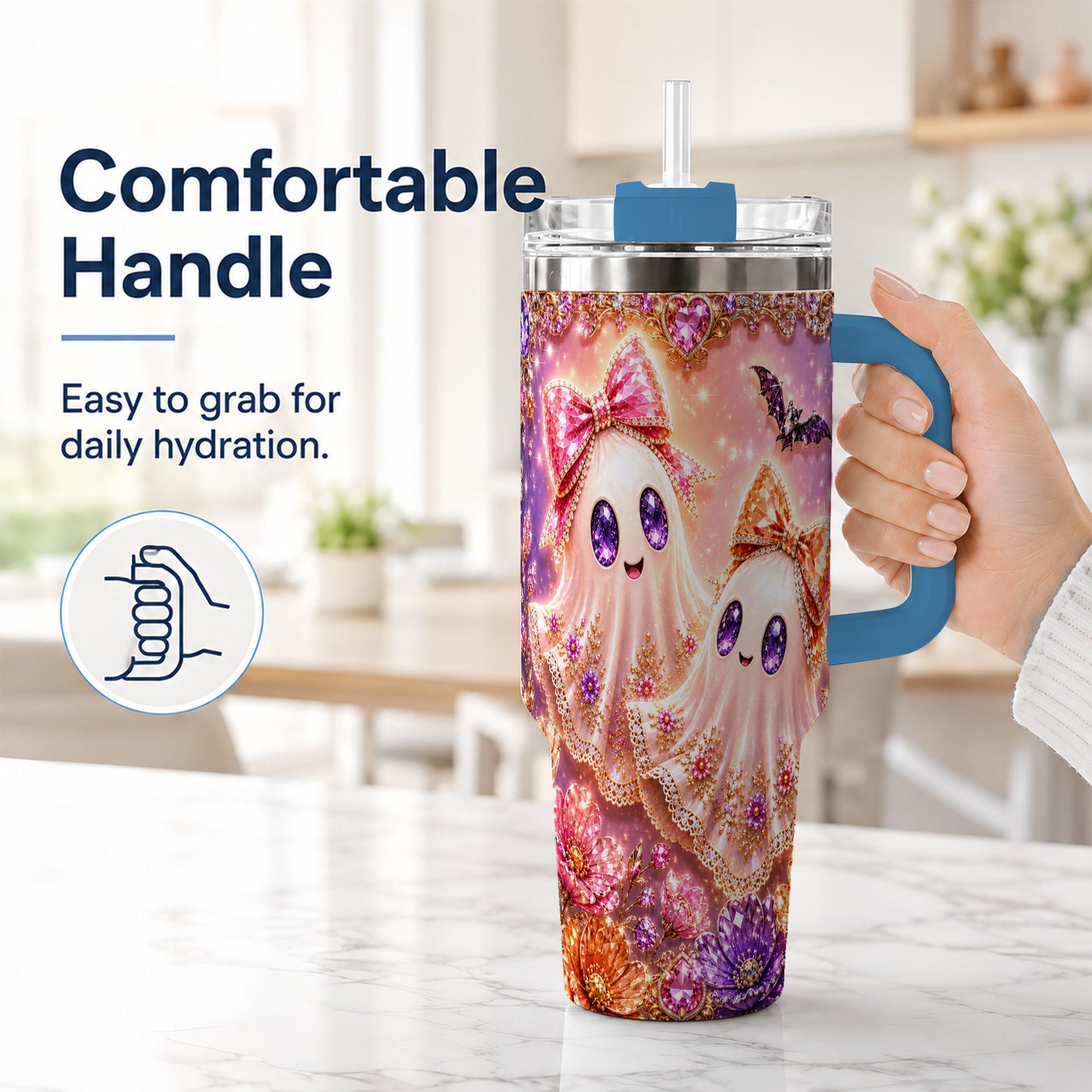 #pl[40oz|Blue] Floral Ghost 40oz Tumbler with Handle, Halloween Stainless Steel Travel Cup