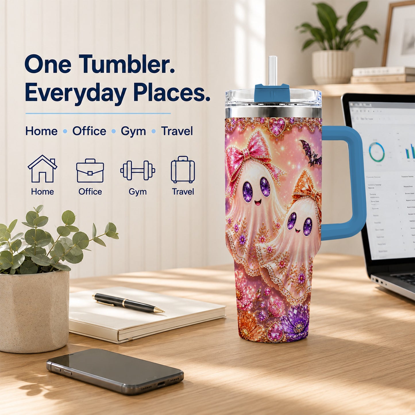 #pl[40oz|Blue] Floral Ghost 40oz Tumbler with Handle, Halloween Stainless Steel Travel Cup