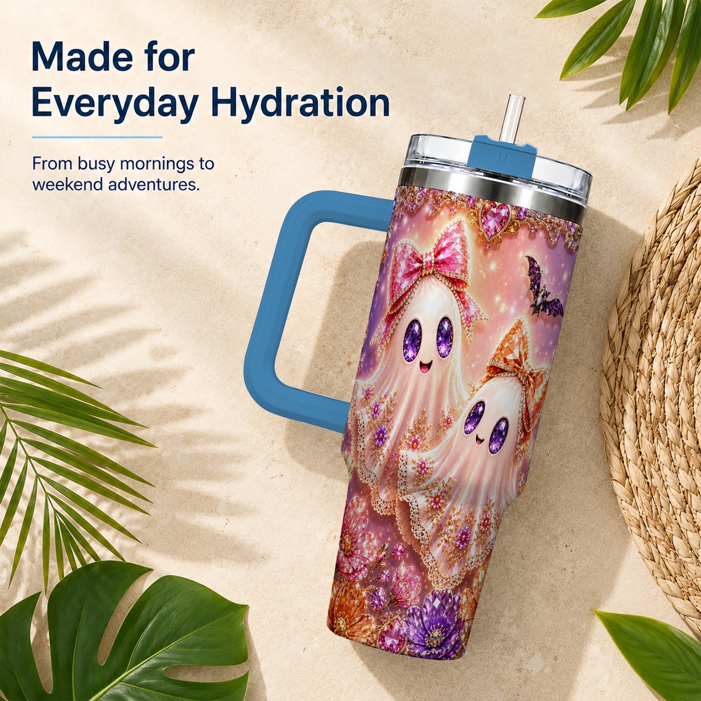 #pl[40oz|Blue] Floral Ghost 40oz Tumbler with Handle, Halloween Stainless Steel Travel Cup