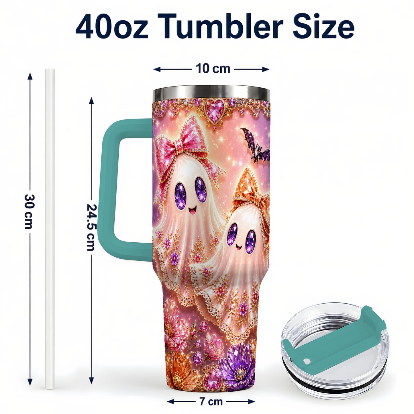 #pl[40oz|Green] Floral Ghost 40oz Tumbler with Handle, Halloween Stainless Steel Travel Cup