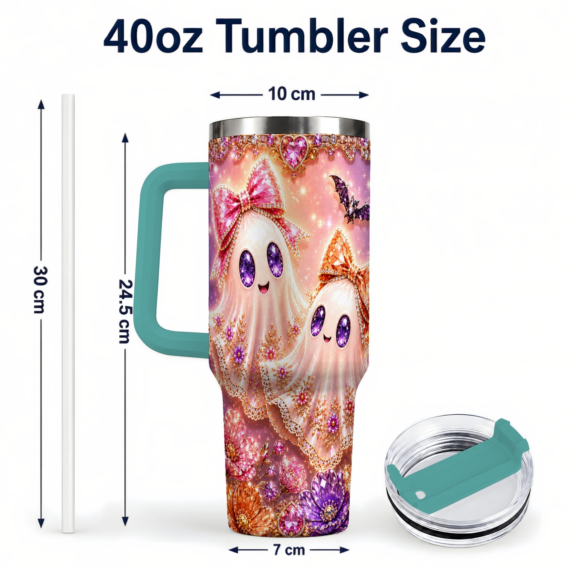 #pl[40oz|Green] Floral Ghost 40oz Tumbler with Handle, Halloween Stainless Steel Travel Cup