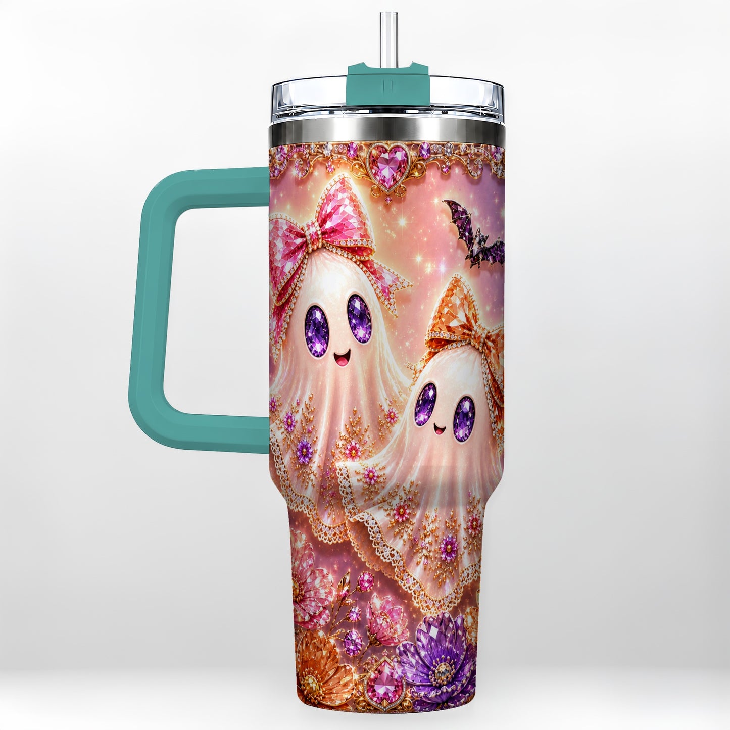 #pl[40oz|Green] Floral Ghost 40oz Tumbler with Handle, Halloween Stainless Steel Travel Cup