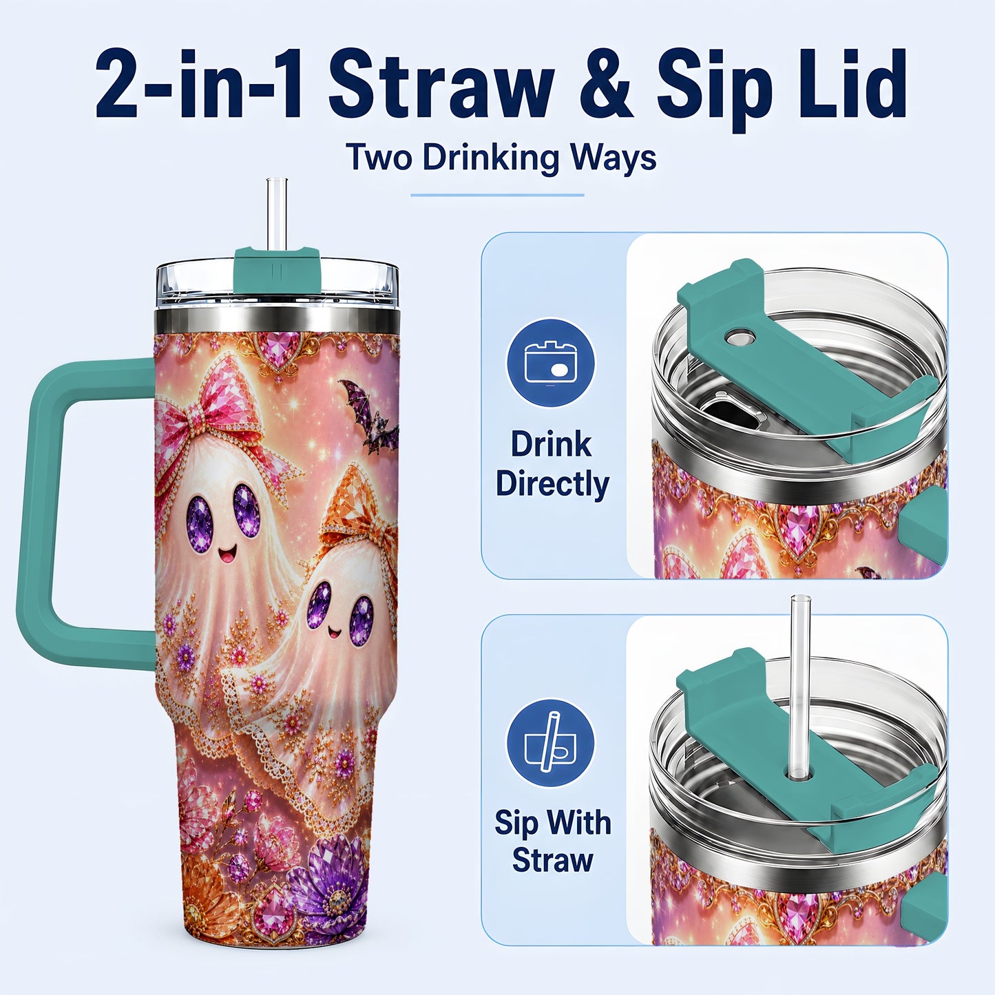 #pl[40oz|Green] Floral Ghost 40oz Tumbler with Handle, Halloween Stainless Steel Travel Cup