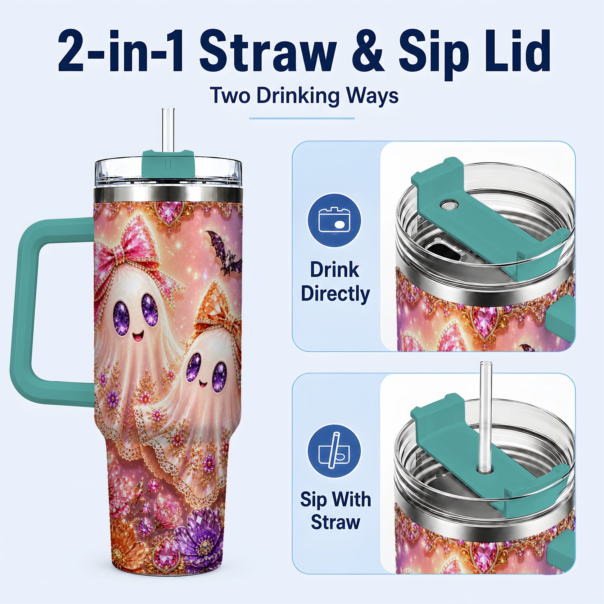 #pl[40oz|Green] Floral Ghost 40oz Tumbler with Handle, Halloween Stainless Steel Travel Cup