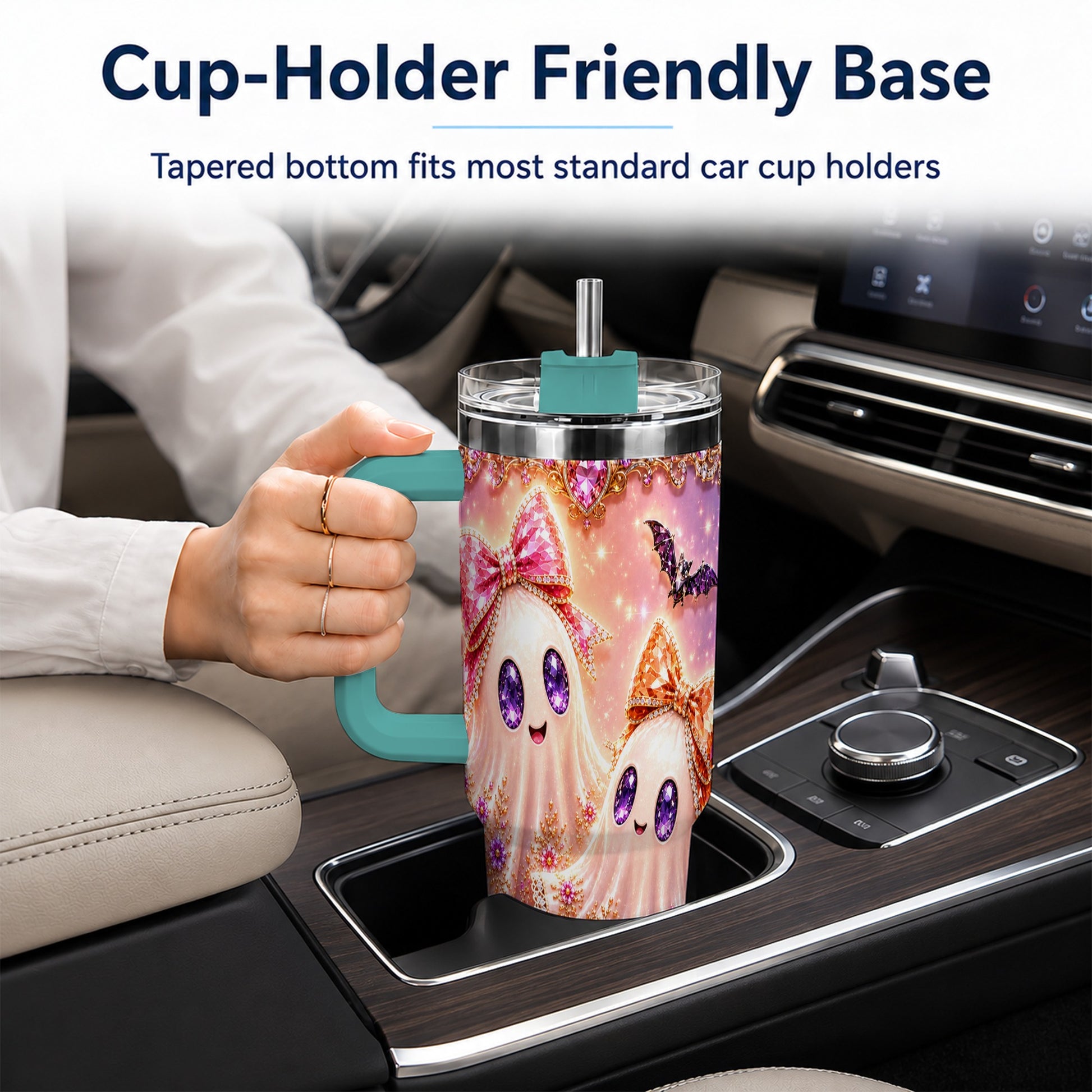 #pl[40oz|Green] Floral Ghost 40oz Tumbler with Handle, Halloween Stainless Steel Travel Cup