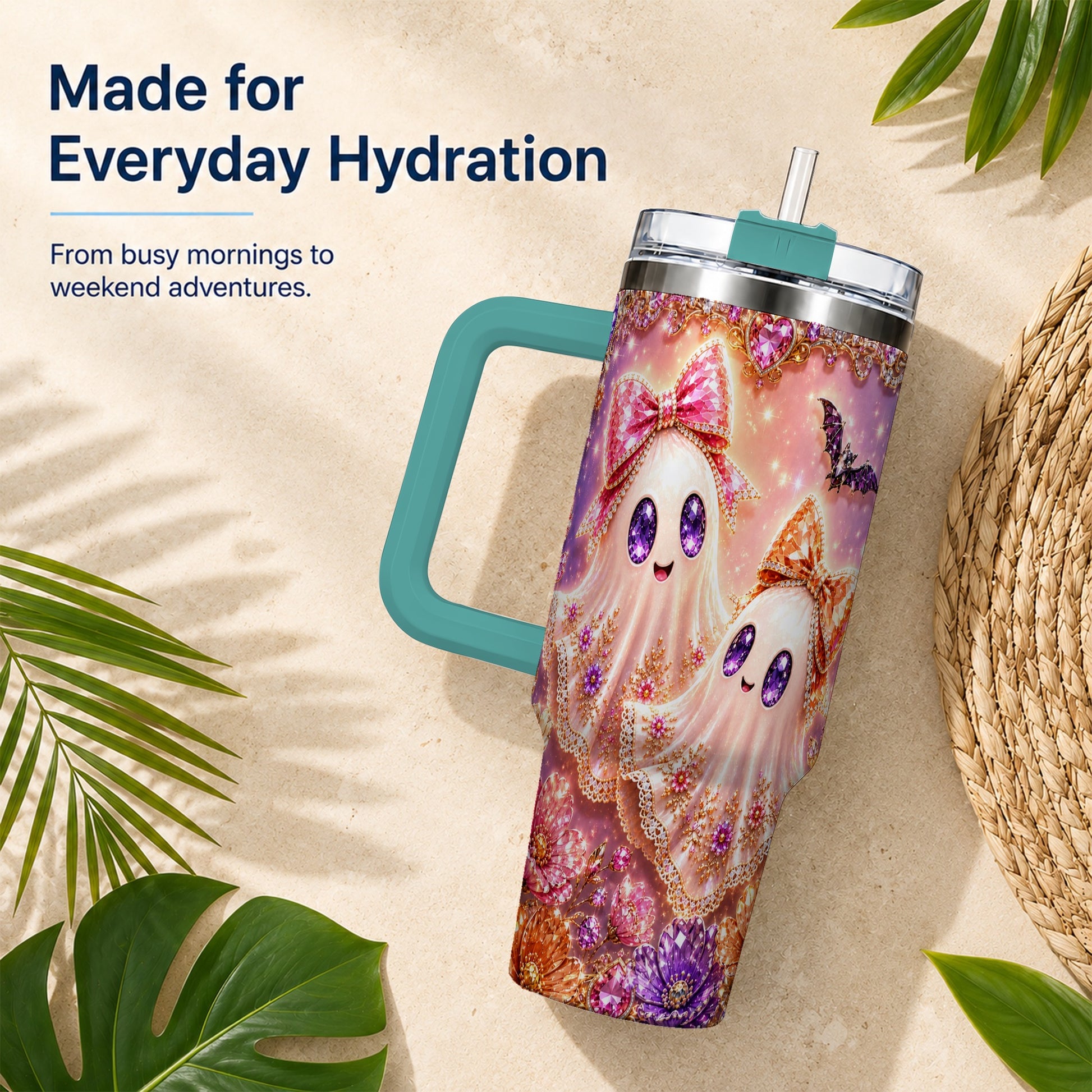 #pl[40oz|Green] Floral Ghost 40oz Tumbler with Handle, Halloween Stainless Steel Travel Cup