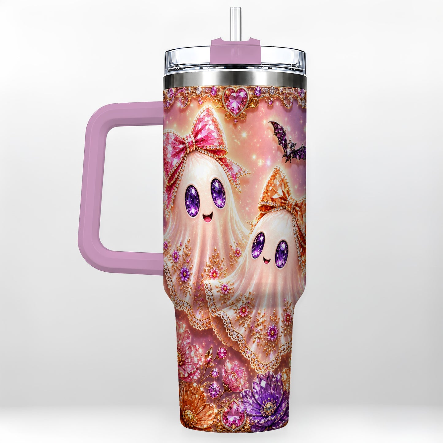 #pl[40oz|Pink] Floral Ghost 40oz Tumbler with Handle, Halloween Stainless Steel Travel Cup
