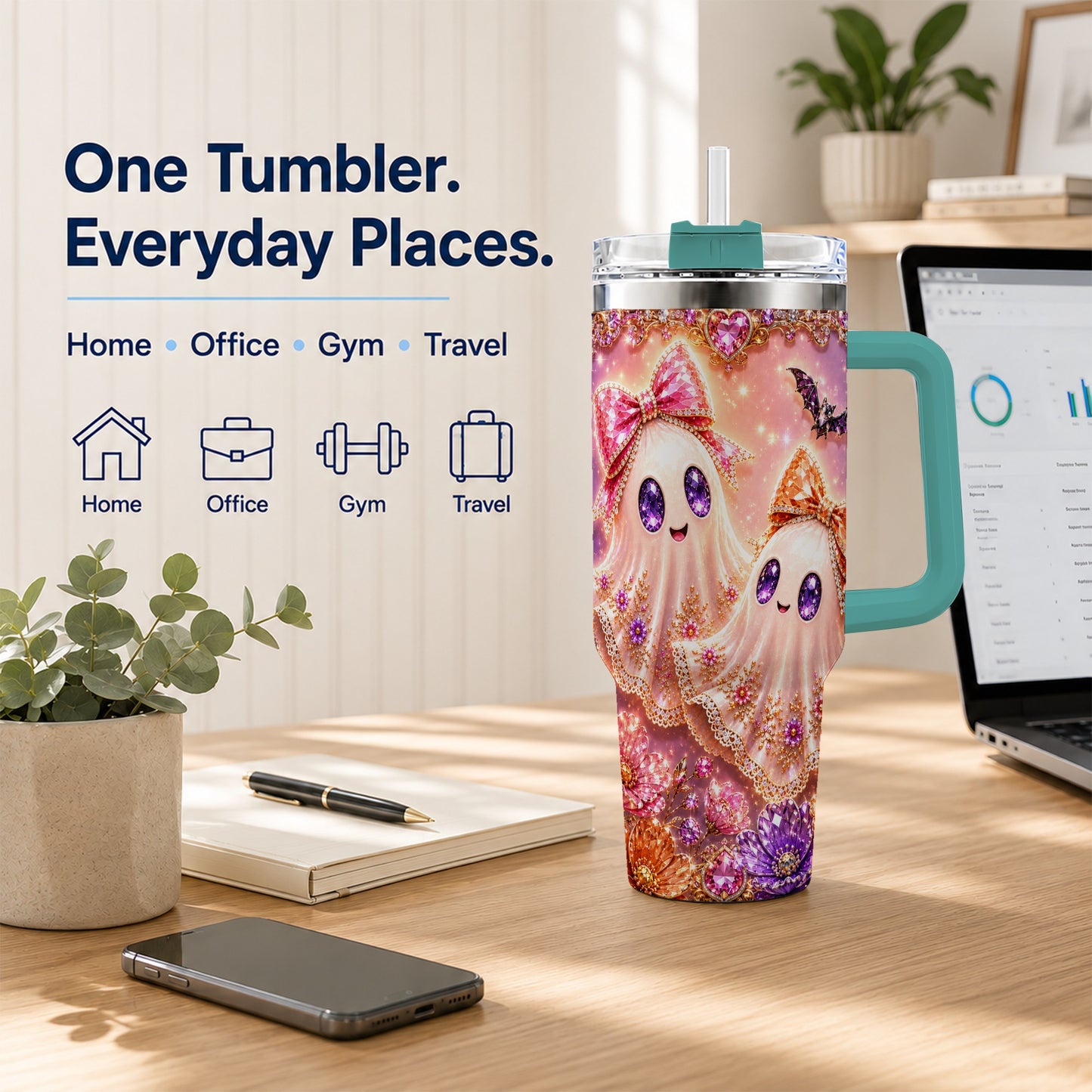 #pl[40oz|Green] Floral Ghost 40oz Tumbler with Handle, Halloween Stainless Steel Travel Cup