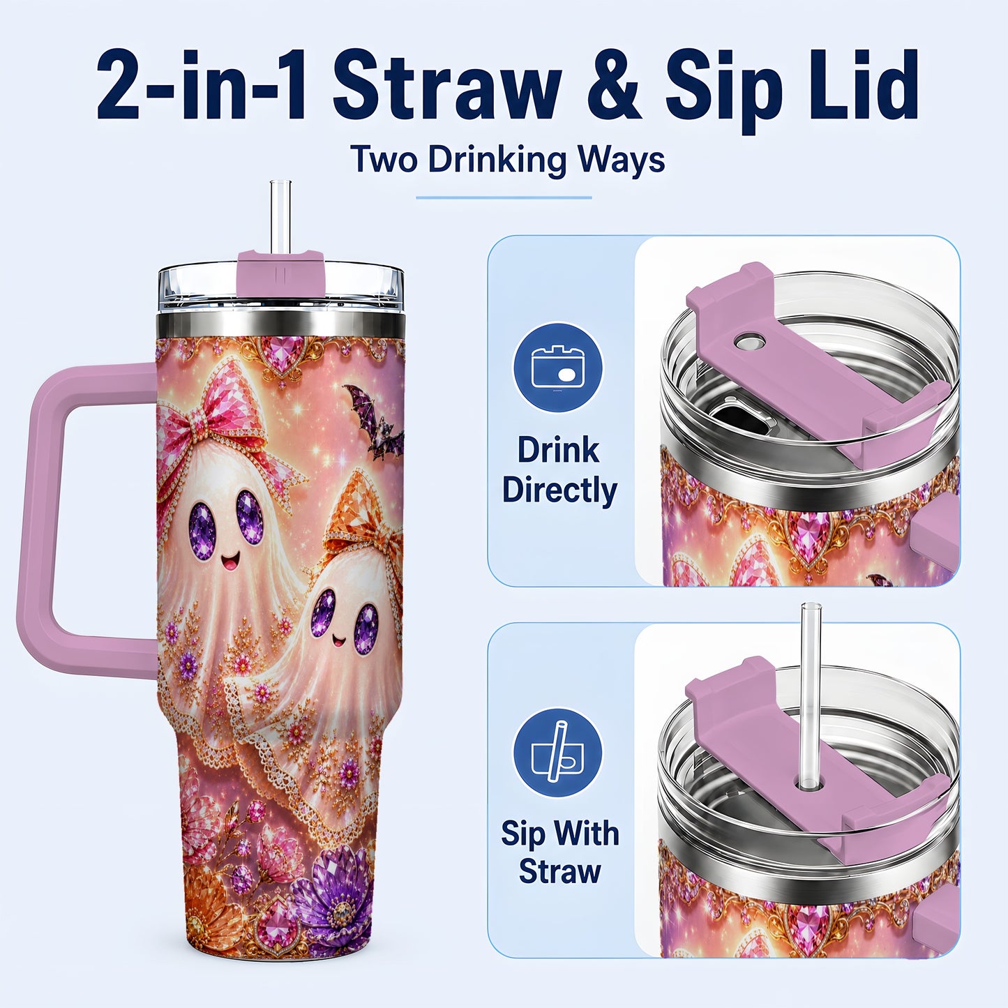 #pl[40oz|Pink] Floral Ghost 40oz Tumbler with Handle, Halloween Stainless Steel Travel Cup