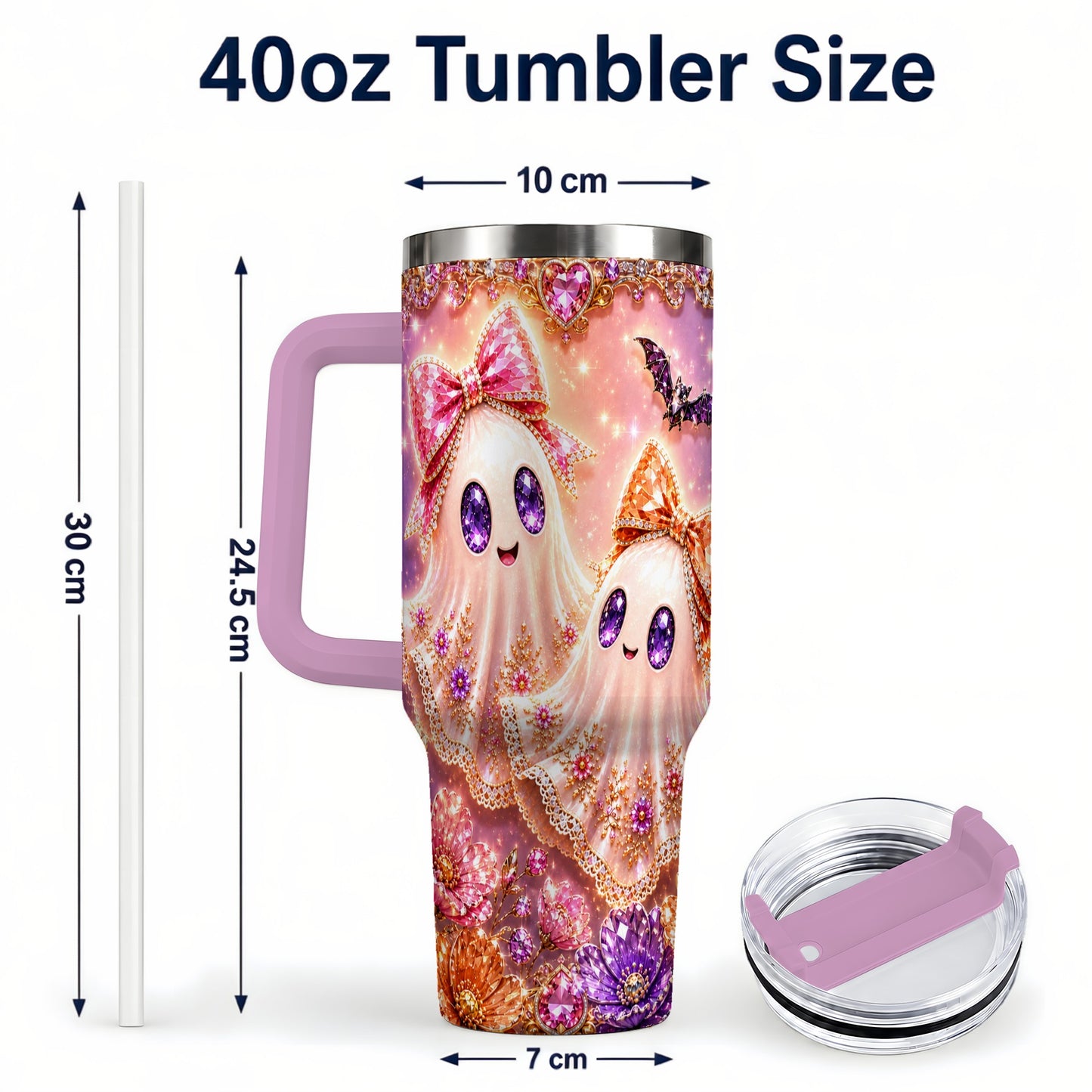 #pl[40oz|Pink] Floral Ghost 40oz Tumbler with Handle, Halloween Stainless Steel Travel Cup