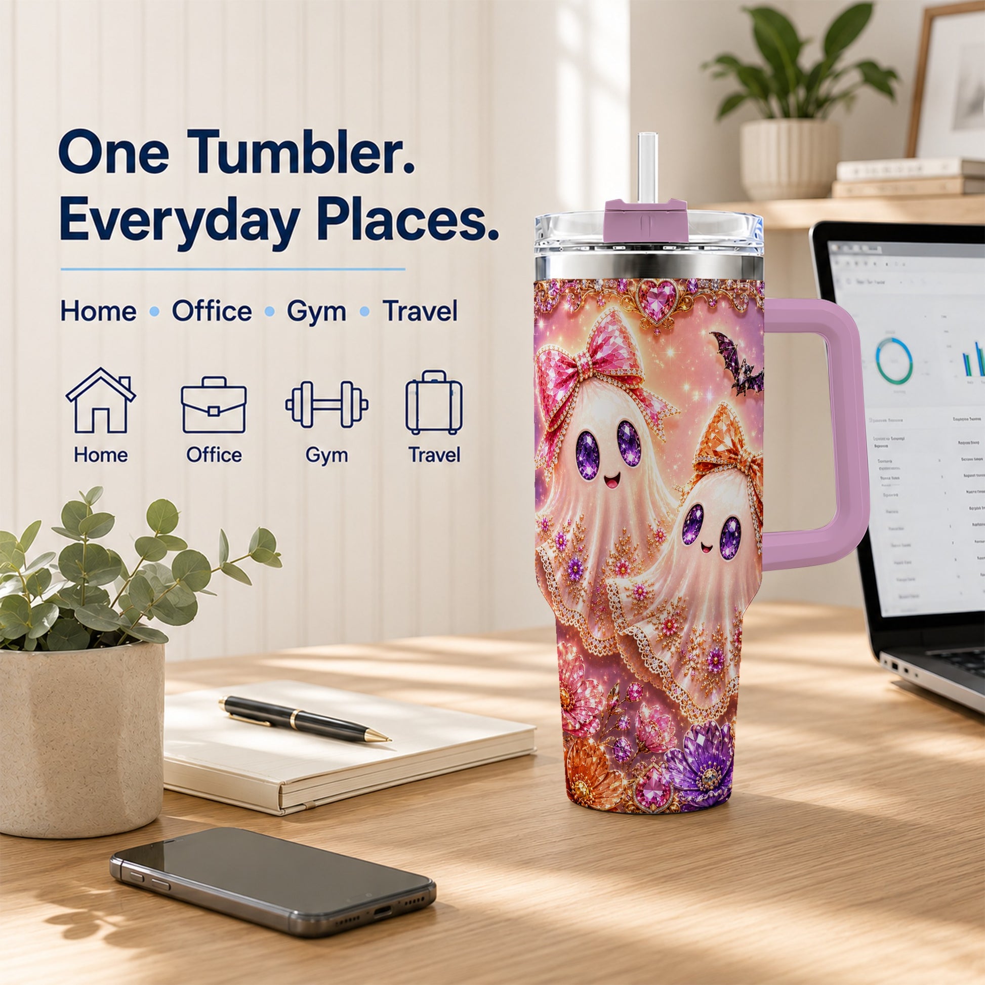 #pl[40oz|Pink] Floral Ghost 40oz Tumbler with Handle, Halloween Stainless Steel Travel Cup