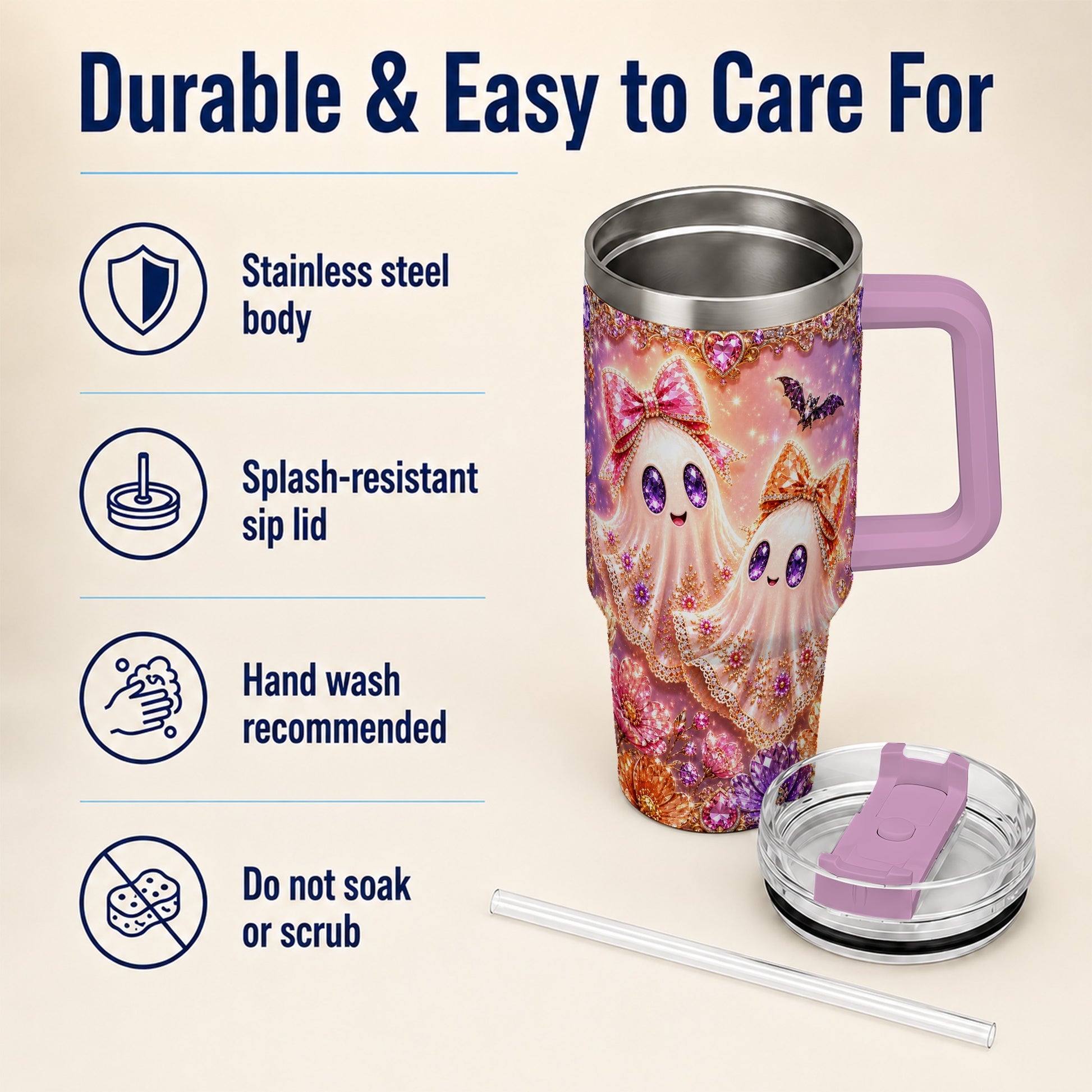 #pl[40oz|Pink] Floral Ghost 40oz Tumbler with Handle, Halloween Stainless Steel Travel Cup