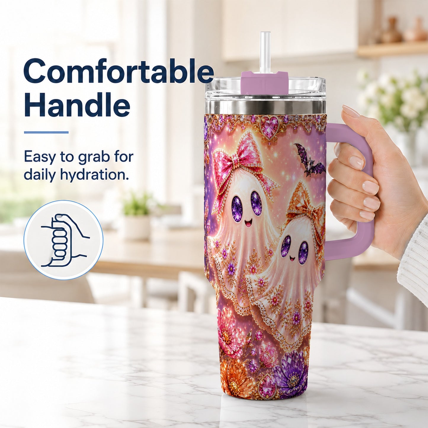 #pl[40oz|Pink] Floral Ghost 40oz Tumbler with Handle, Halloween Stainless Steel Travel Cup