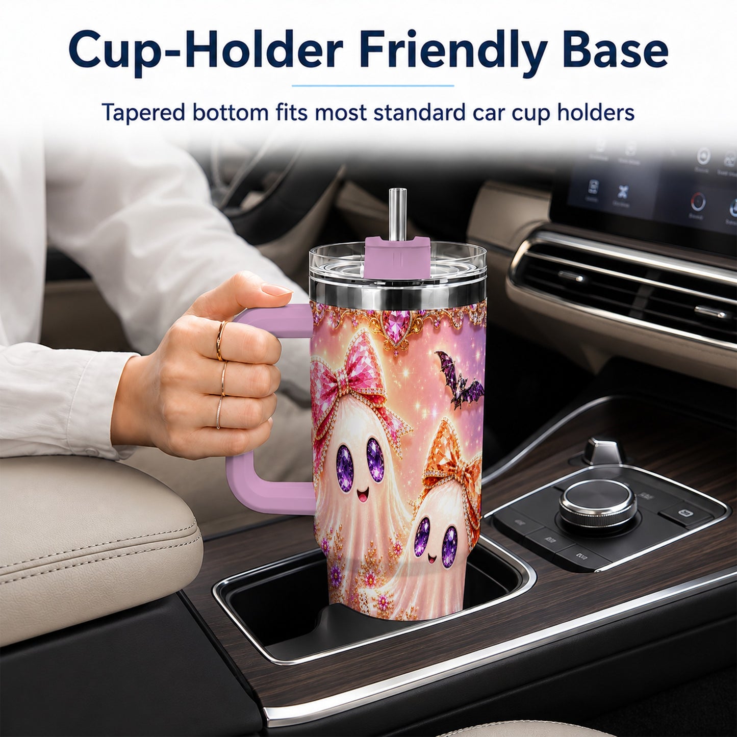 #pl[40oz|Pink] Floral Ghost 40oz Tumbler with Handle, Halloween Stainless Steel Travel Cup