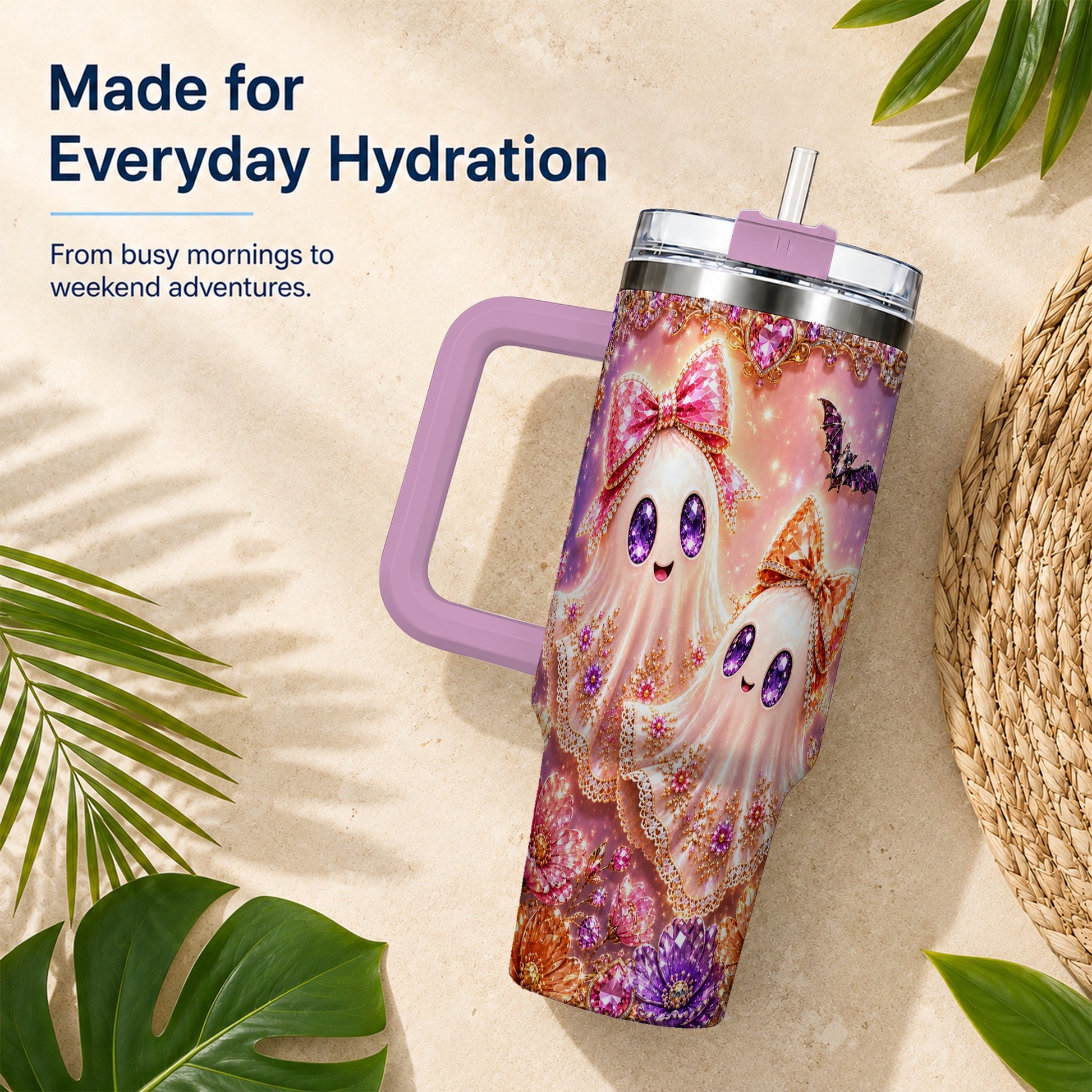 #pl[40oz|Pink] Floral Ghost 40oz Tumbler with Handle, Halloween Stainless Steel Travel Cup