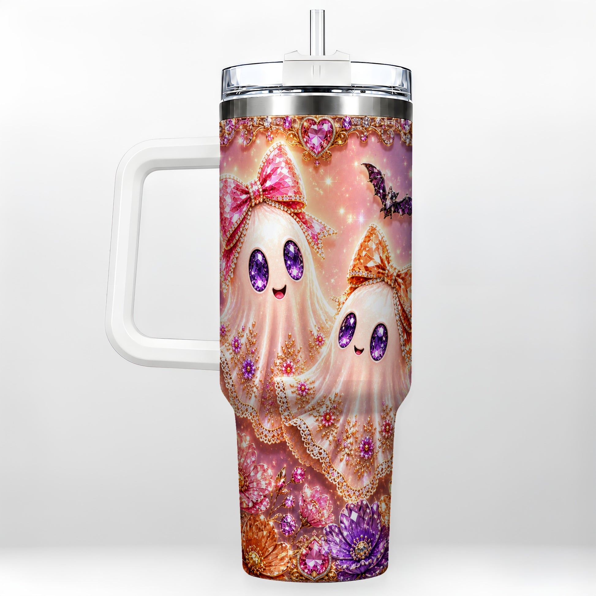 #pl[40oz|White] Floral Ghost 40oz Tumbler with Handle, Halloween Stainless Steel Travel Cup