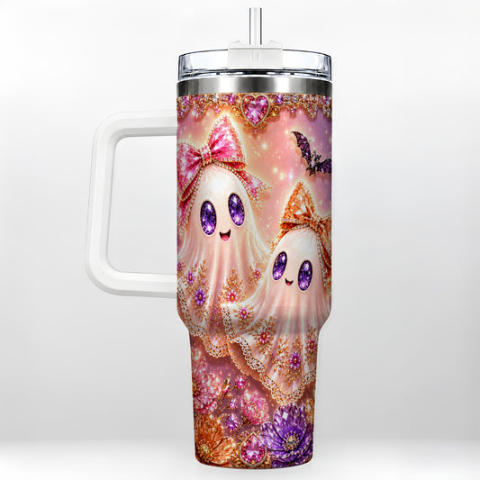 #pl[40oz|White] Floral Ghost 40oz Tumbler with Handle, Halloween Stainless Steel Travel Cup