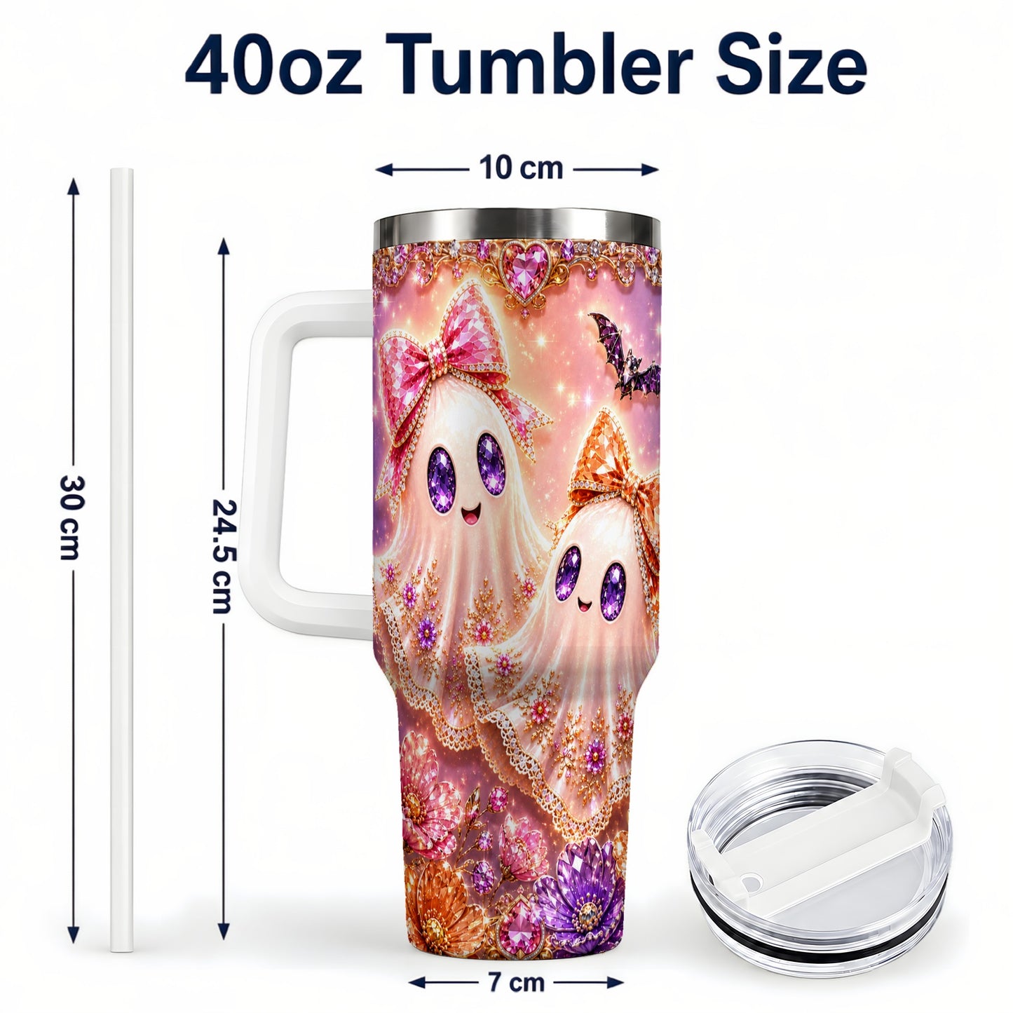 #pl[40oz|White] Floral Ghost 40oz Tumbler with Handle, Halloween Stainless Steel Travel Cup
