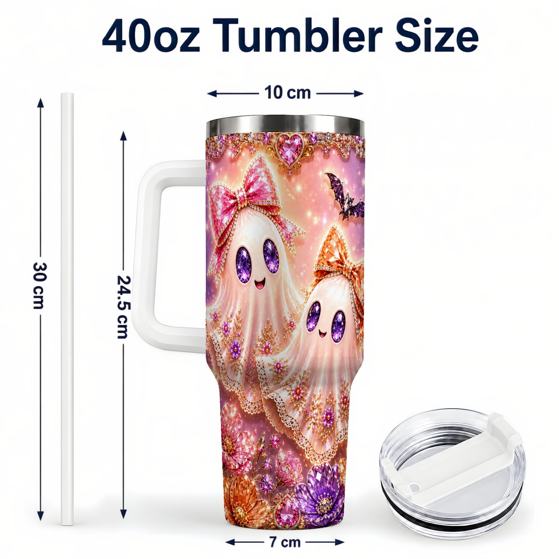 #pl[40oz|White] Floral Ghost 40oz Tumbler with Handle, Halloween Stainless Steel Travel Cup
