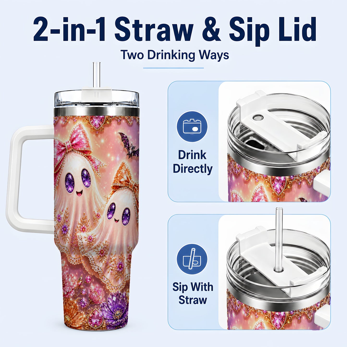 #pl[40oz|White] Floral Ghost 40oz Tumbler with Handle, Halloween Stainless Steel Travel Cup