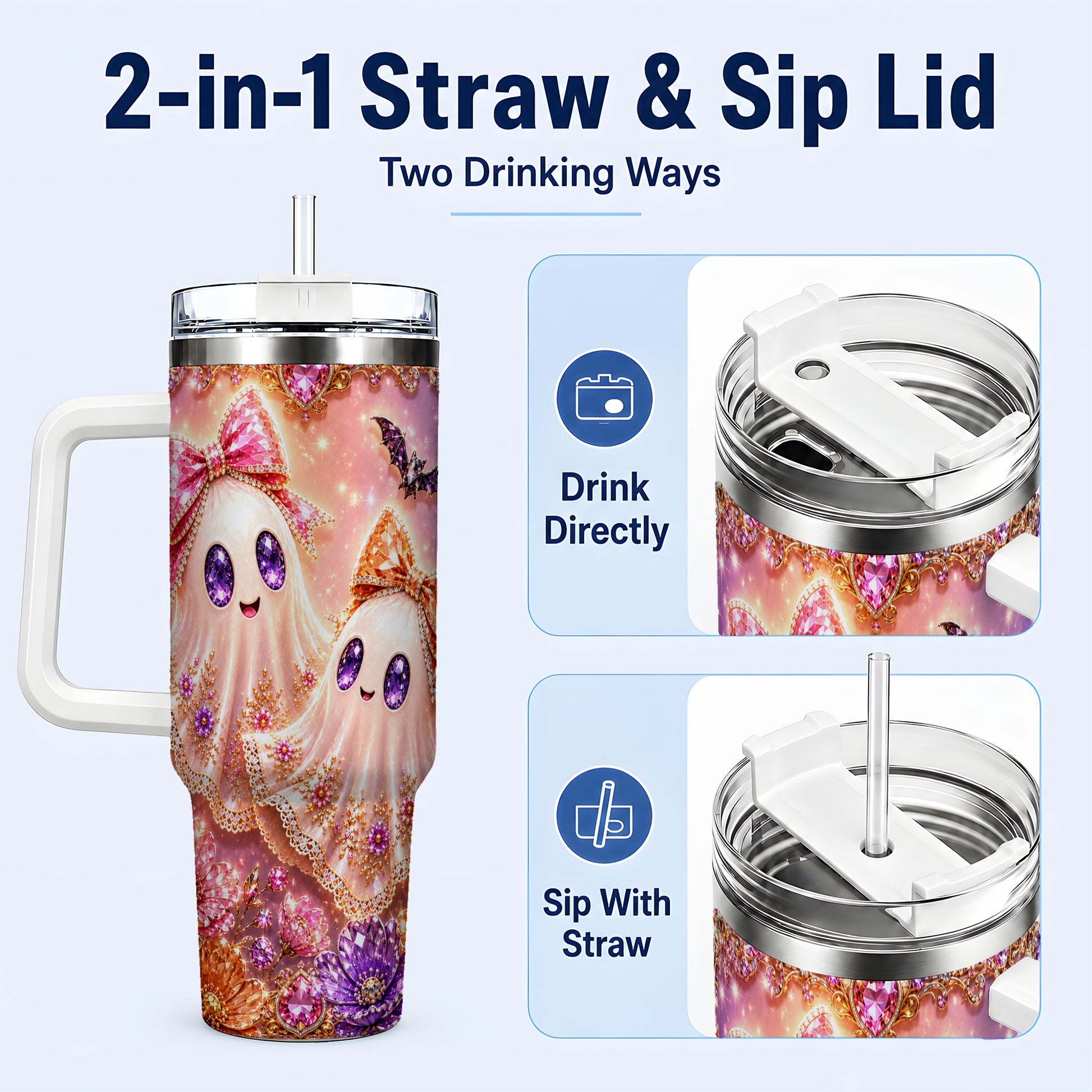 #pl[40oz|White] Floral Ghost 40oz Tumbler with Handle, Halloween Stainless Steel Travel Cup