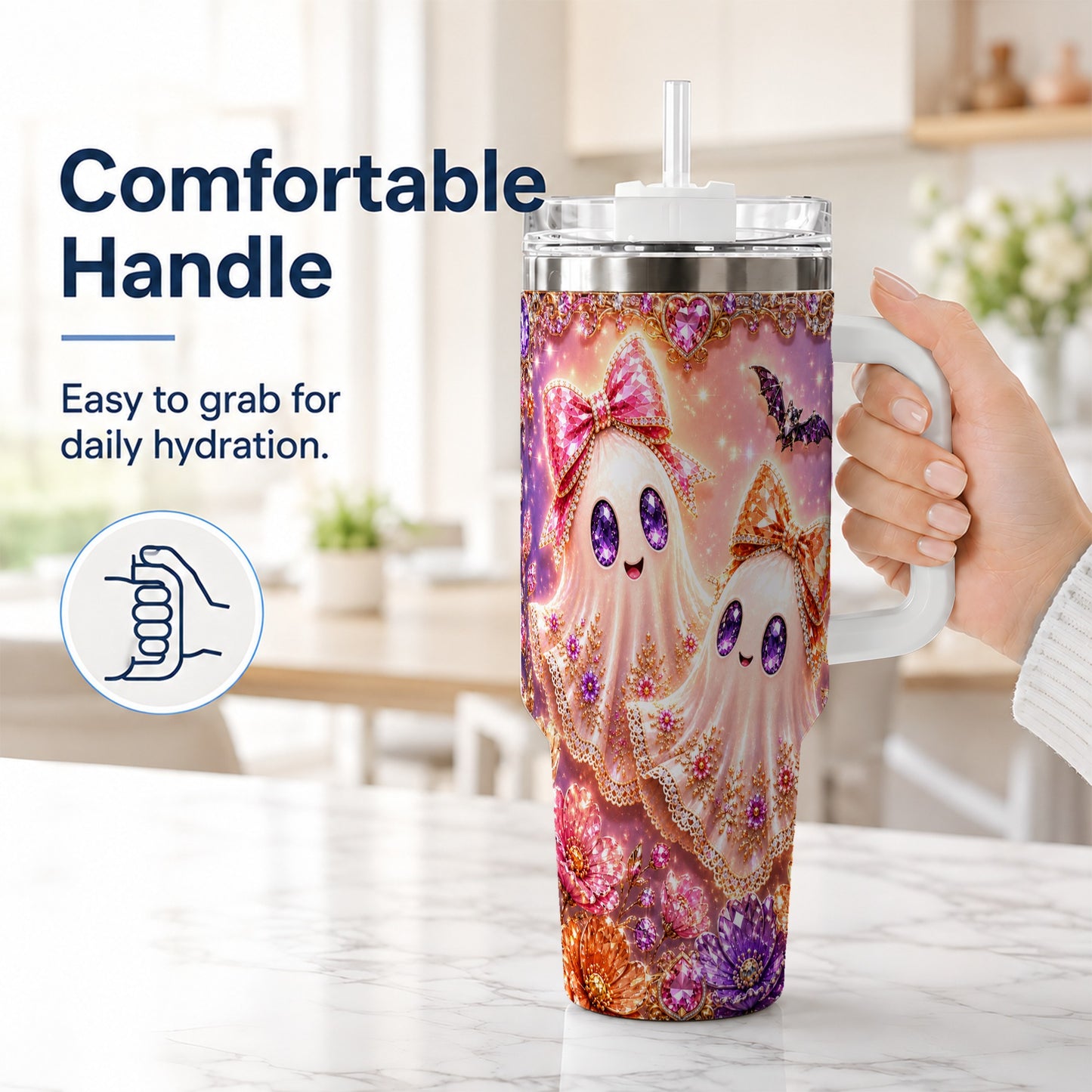 #pl[40oz|White] Floral Ghost 40oz Tumbler with Handle, Halloween Stainless Steel Travel Cup