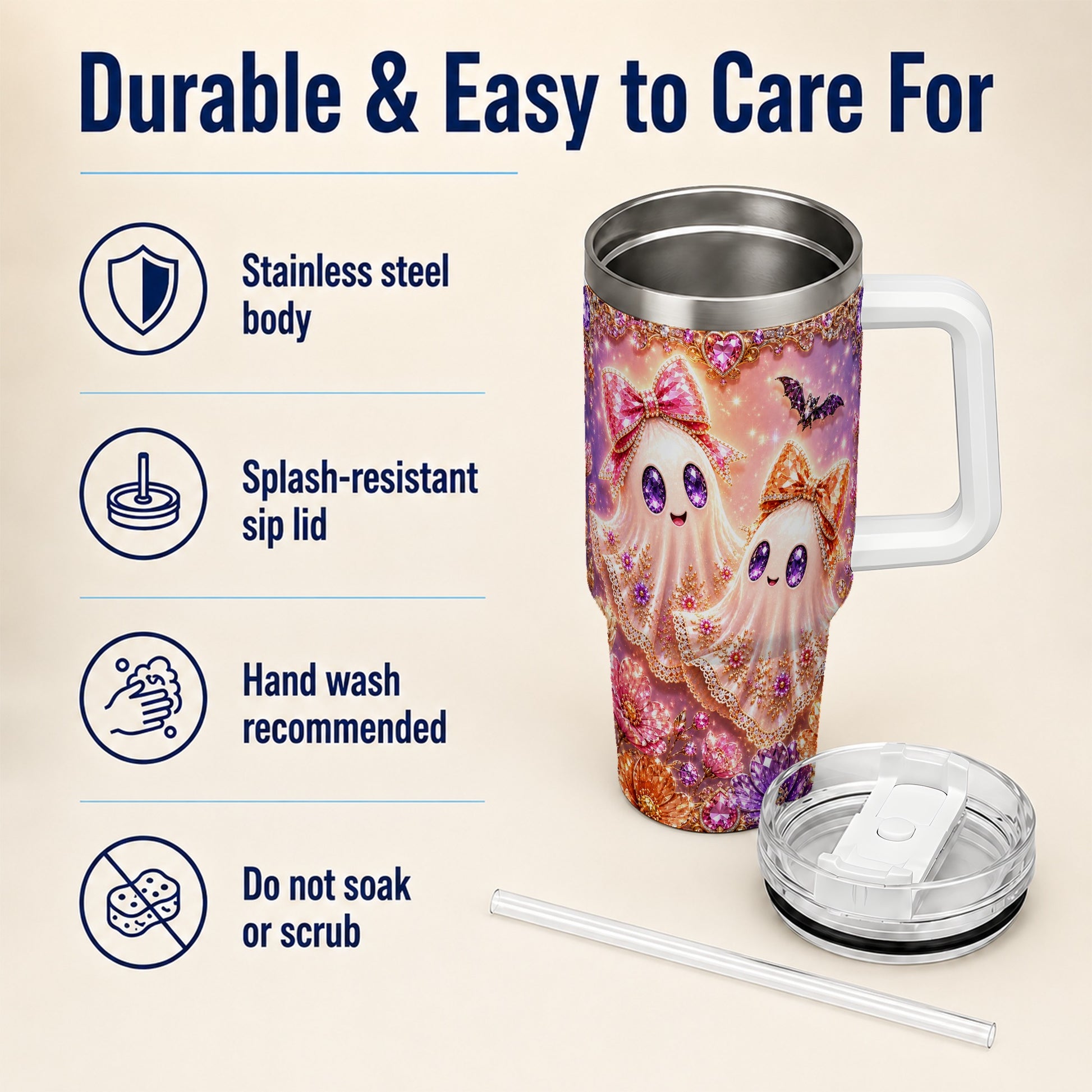 #pl[40oz|White] Floral Ghost 40oz Tumbler with Handle, Halloween Stainless Steel Travel Cup