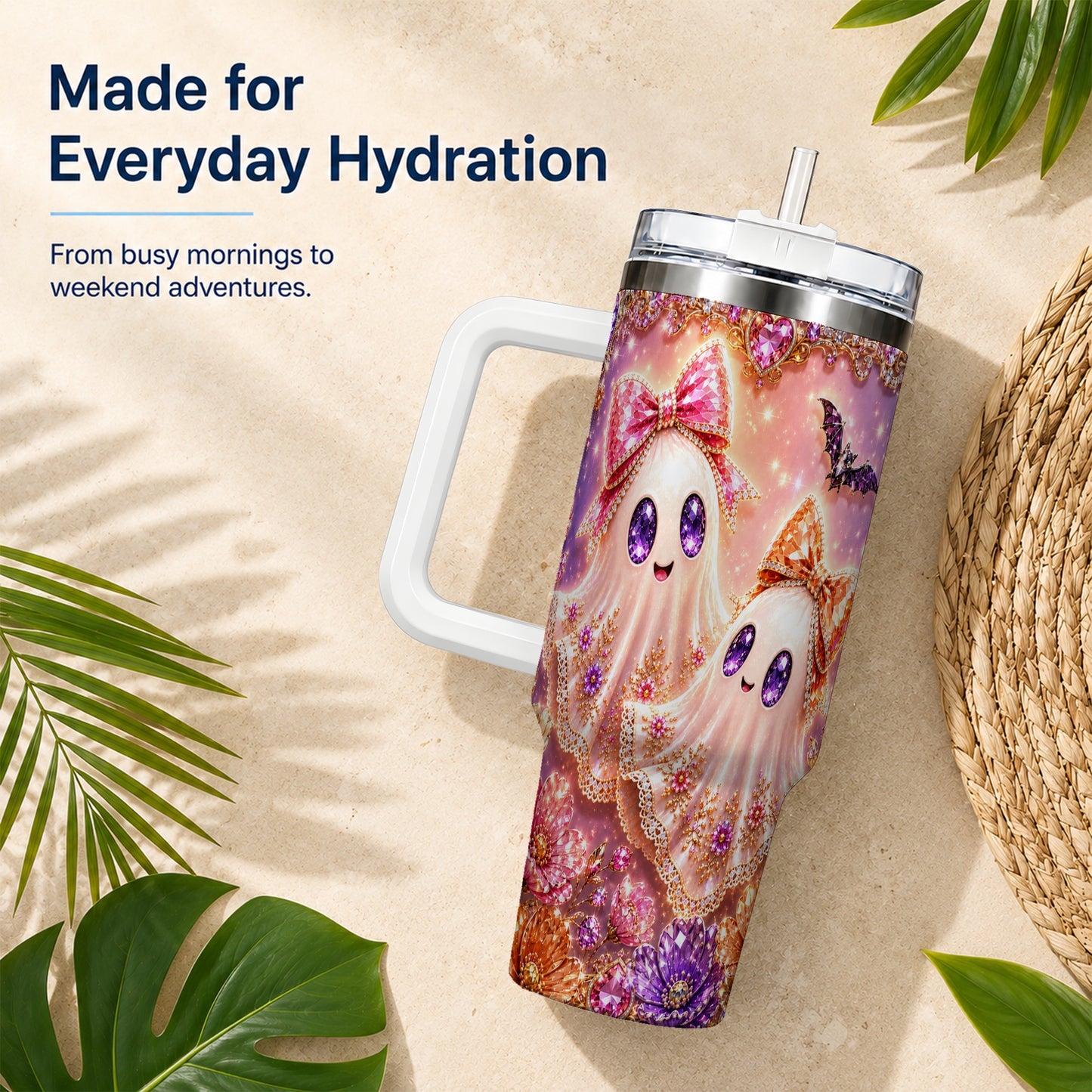 #pl[40oz|White] Floral Ghost 40oz Tumbler with Handle, Halloween Stainless Steel Travel Cup