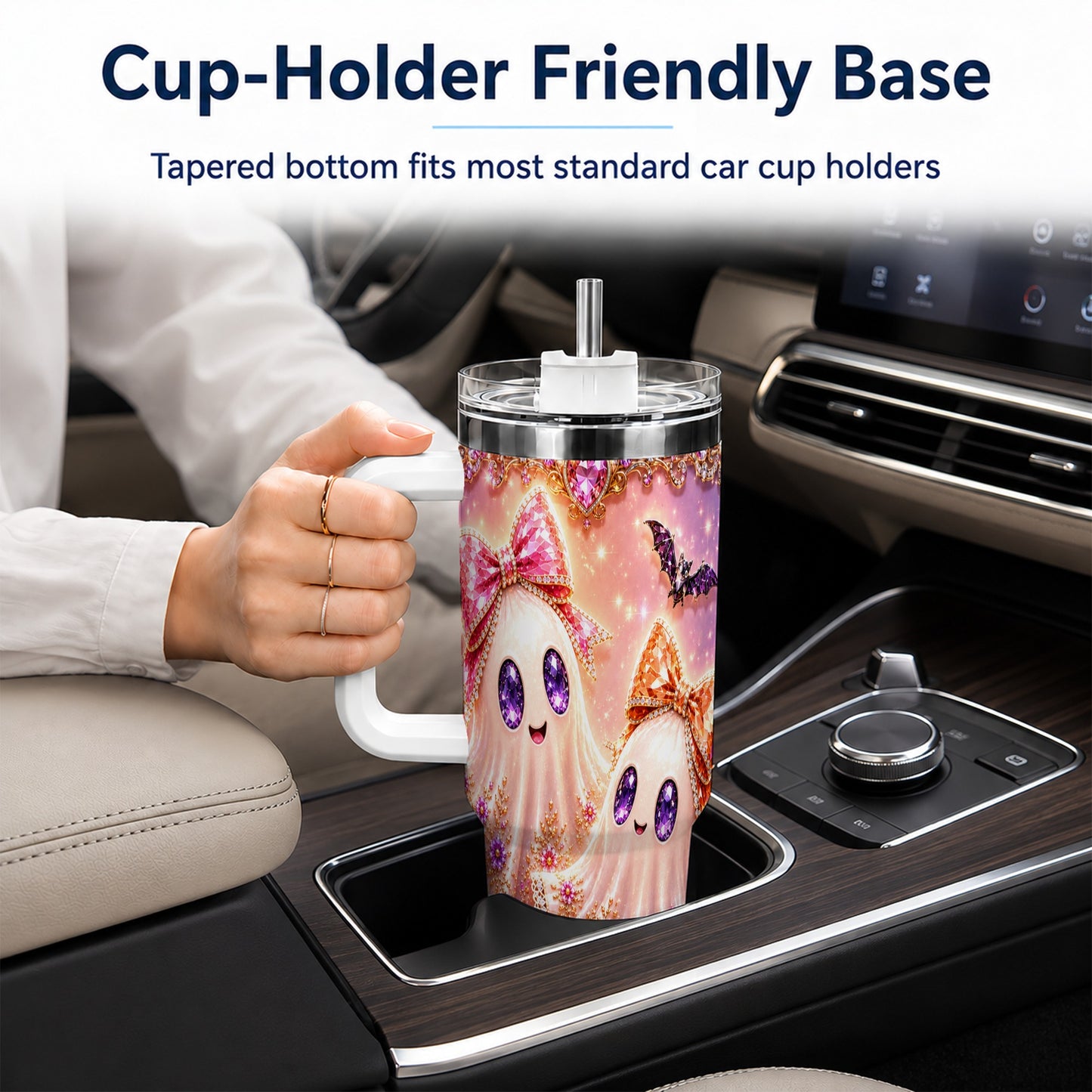 #pl[40oz|White] Floral Ghost 40oz Tumbler with Handle, Halloween Stainless Steel Travel Cup