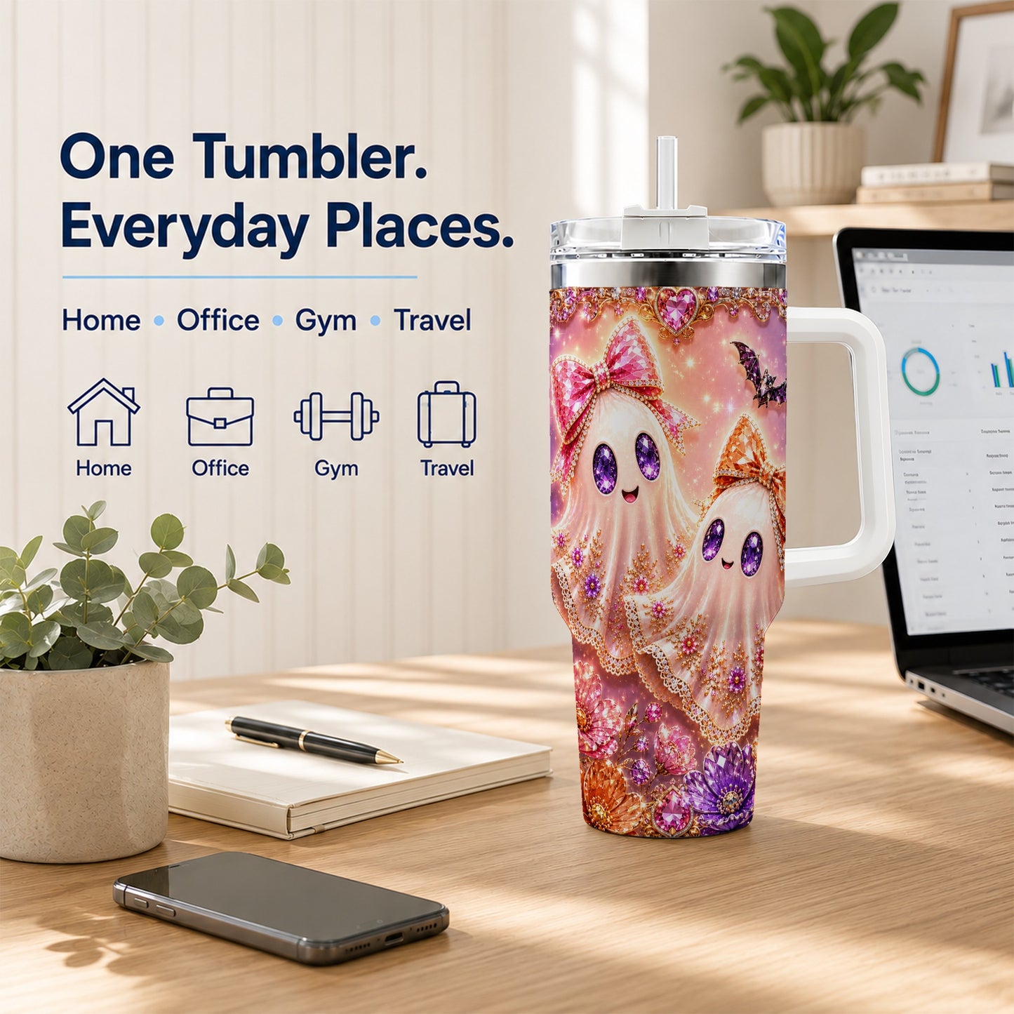 #pl[40oz|White] Floral Ghost 40oz Tumbler with Handle, Halloween Stainless Steel Travel Cup