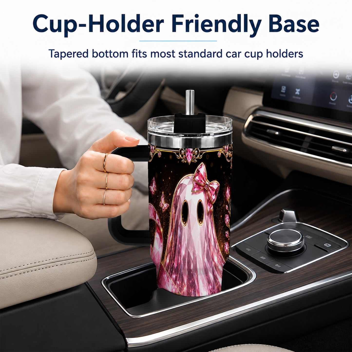 #pl[40oz|Black] Awareness Ribbon Ghost 40oz Tumbler with Handle, Stainless Steel Travel Cup