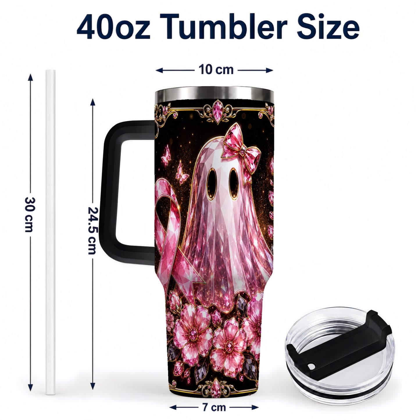 #pl[40oz|Black] Awareness Ribbon Ghost 40oz Tumbler with Handle, Stainless Steel Travel Cup