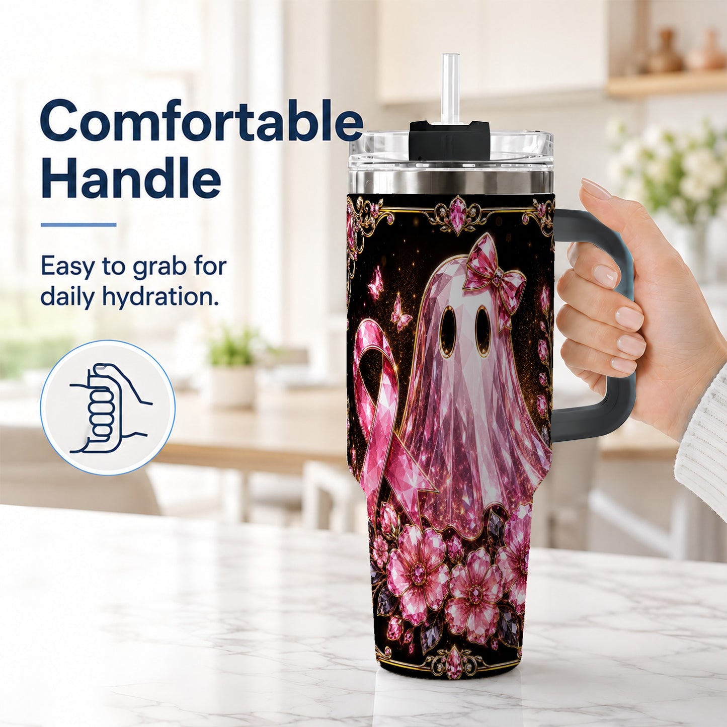 #pl[40oz|Black] Awareness Ribbon Ghost 40oz Tumbler with Handle, Stainless Steel Travel Cup