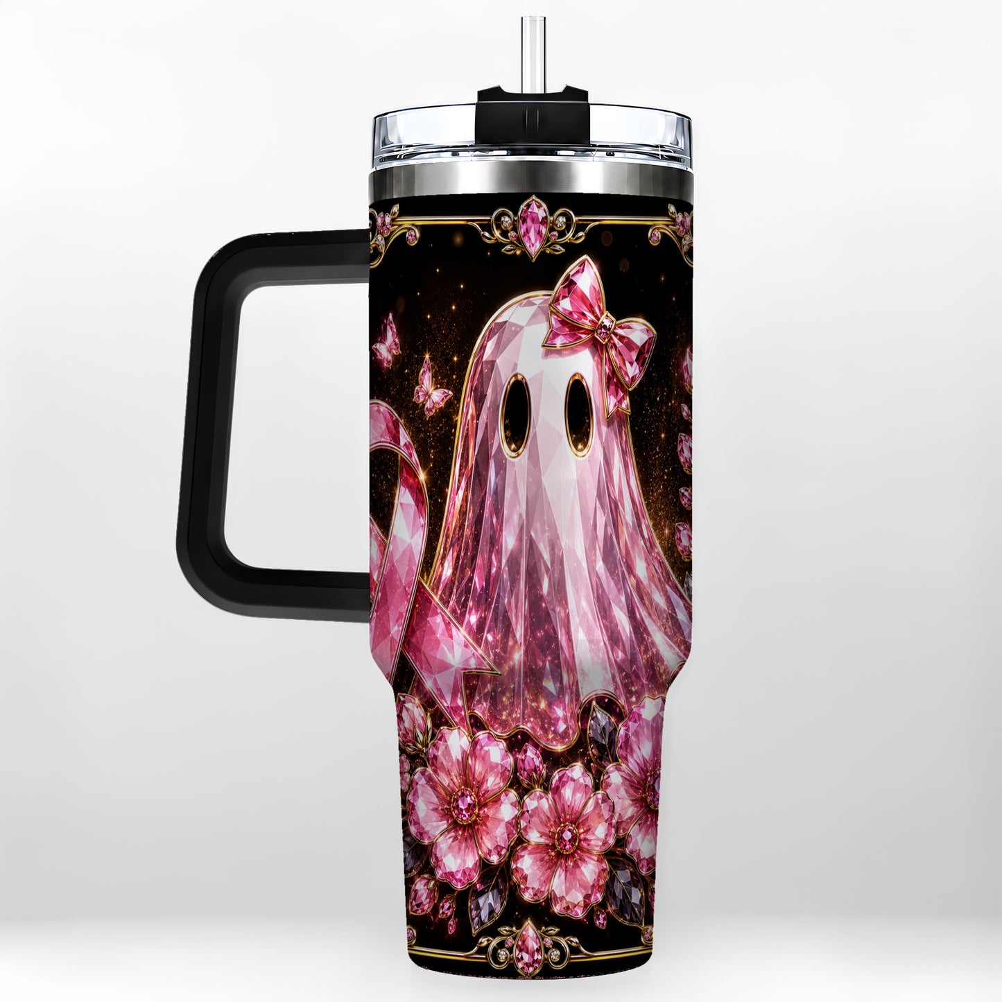 #pl[40oz|Black] Awareness Ribbon Ghost 40oz Tumbler with Handle, Stainless Steel Travel Cup