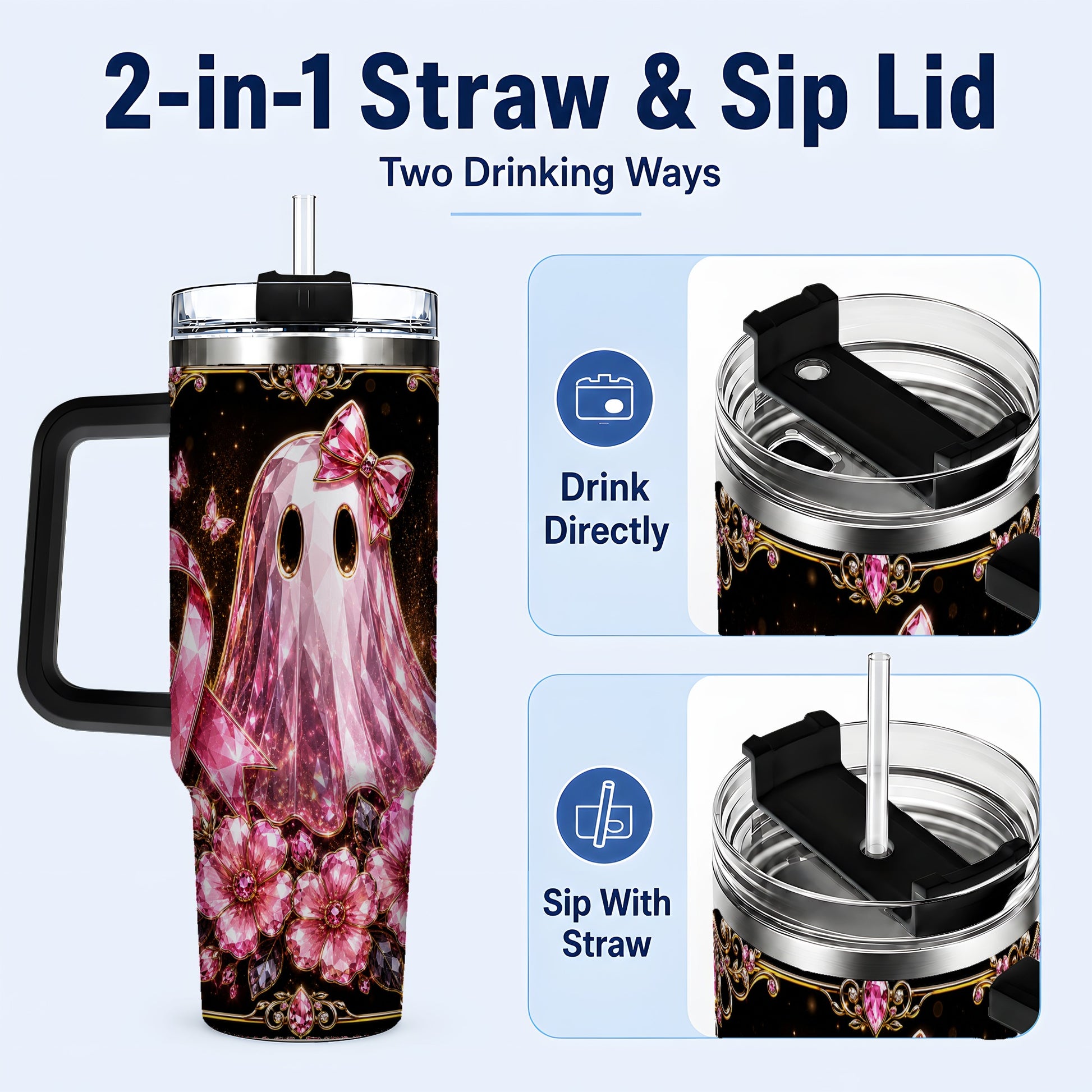 #pl[40oz|Black] Awareness Ribbon Ghost 40oz Tumbler with Handle, Stainless Steel Travel Cup