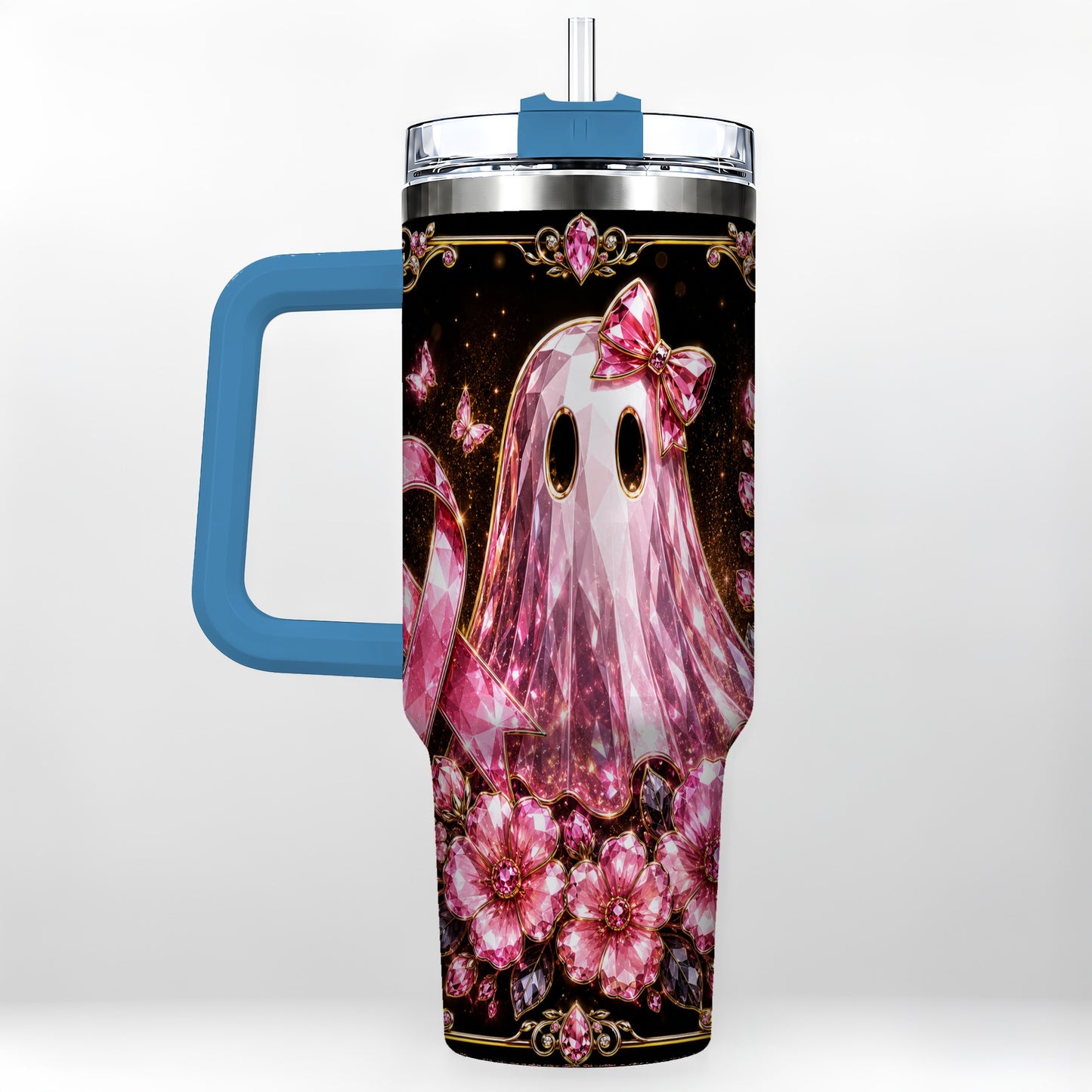 #pl[40oz|Blue] Awareness Ribbon Ghost 40oz Tumbler with Handle, Stainless Steel Travel Cup