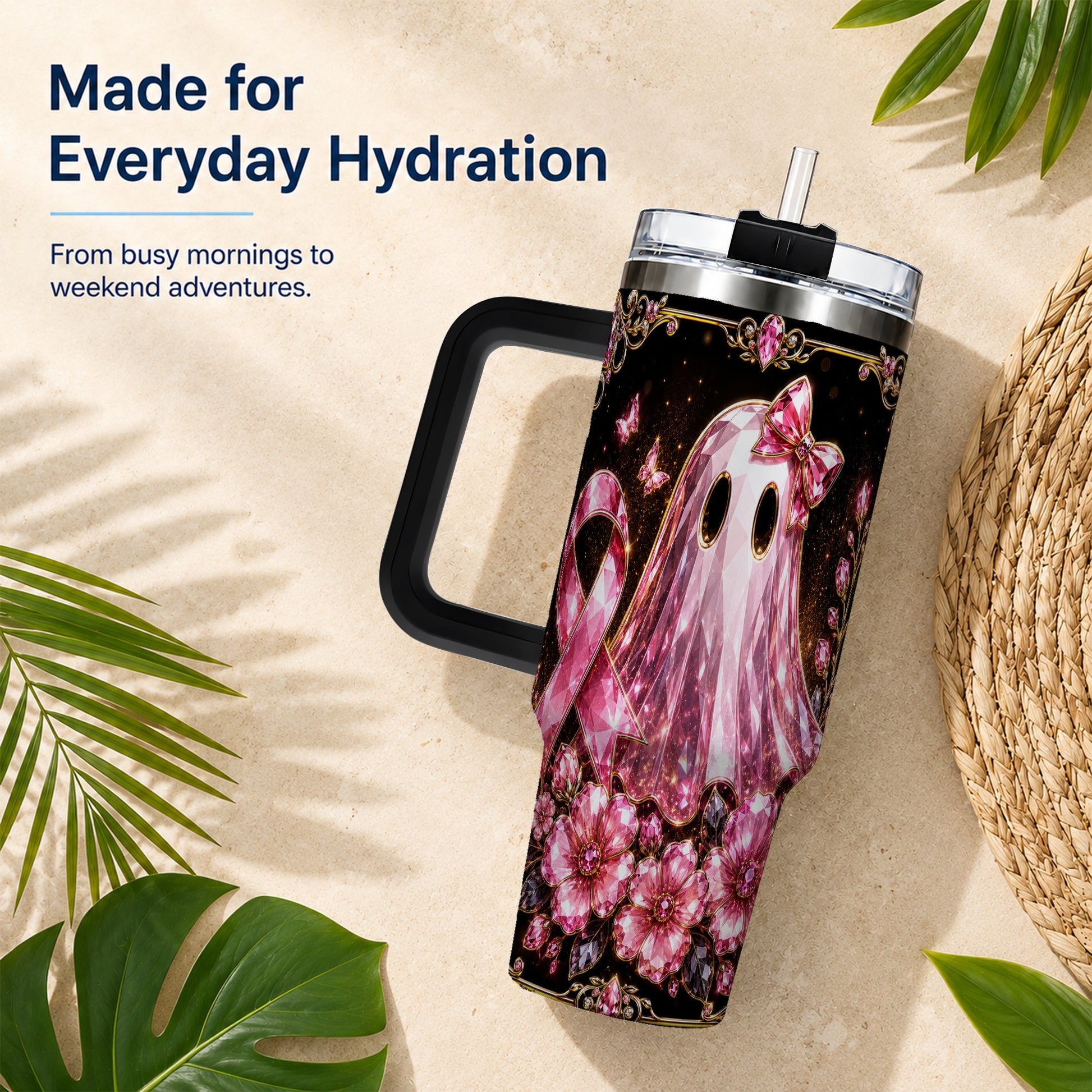 #pl[40oz|Black] Awareness Ribbon Ghost 40oz Tumbler with Handle, Stainless Steel Travel Cup