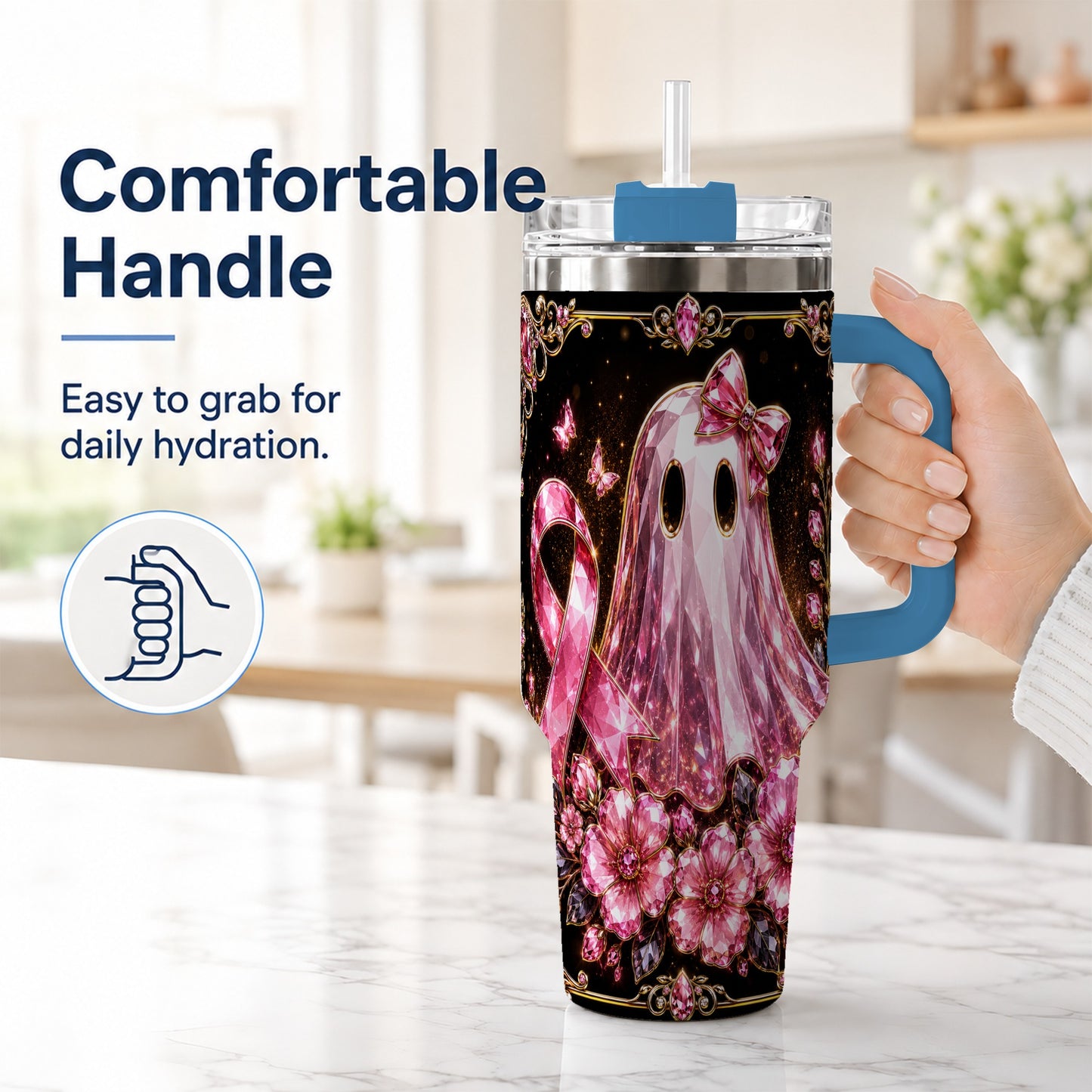 #pl[40oz|Blue] Awareness Ribbon Ghost 40oz Tumbler with Handle, Stainless Steel Travel Cup