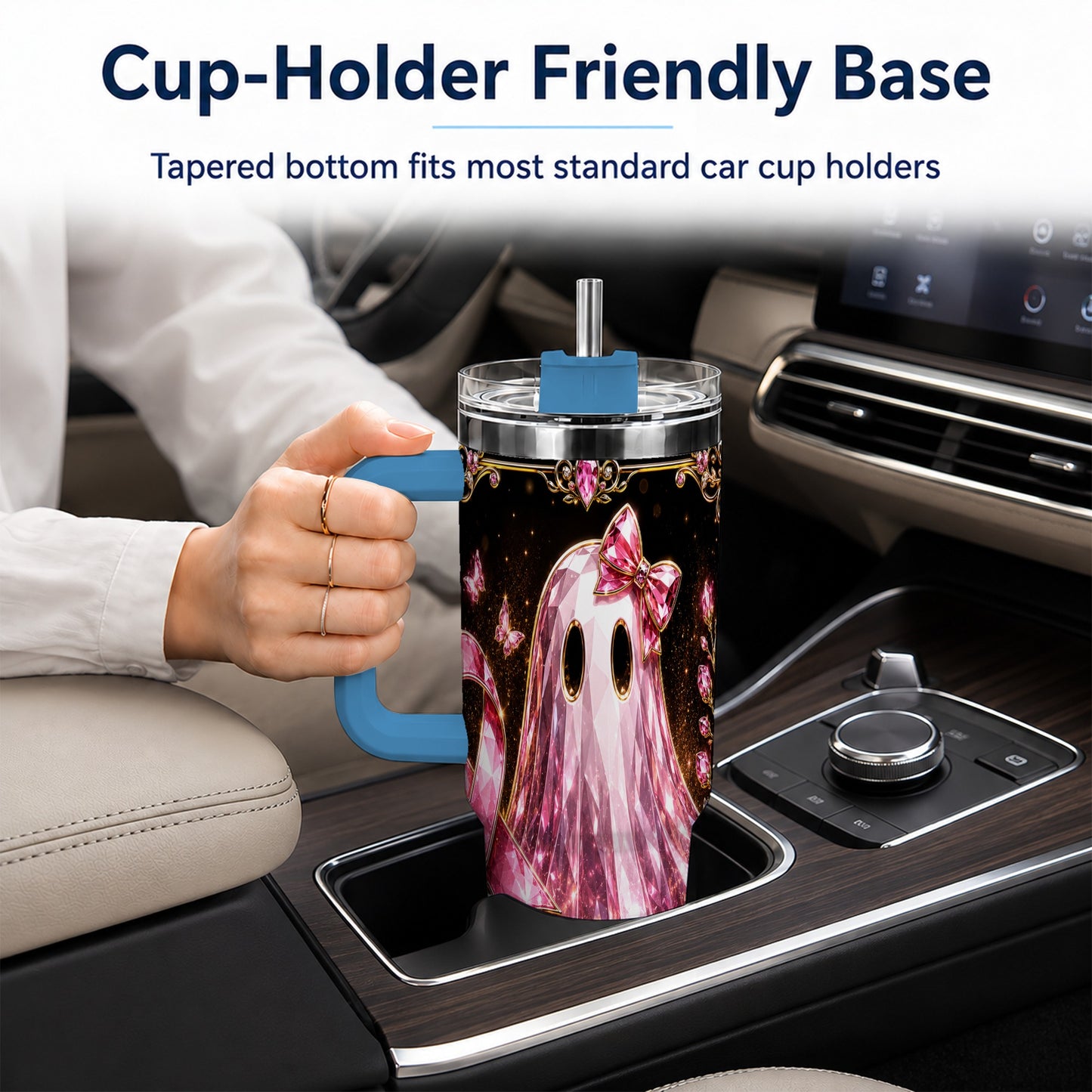 #pl[40oz|Blue] Awareness Ribbon Ghost 40oz Tumbler with Handle, Stainless Steel Travel Cup