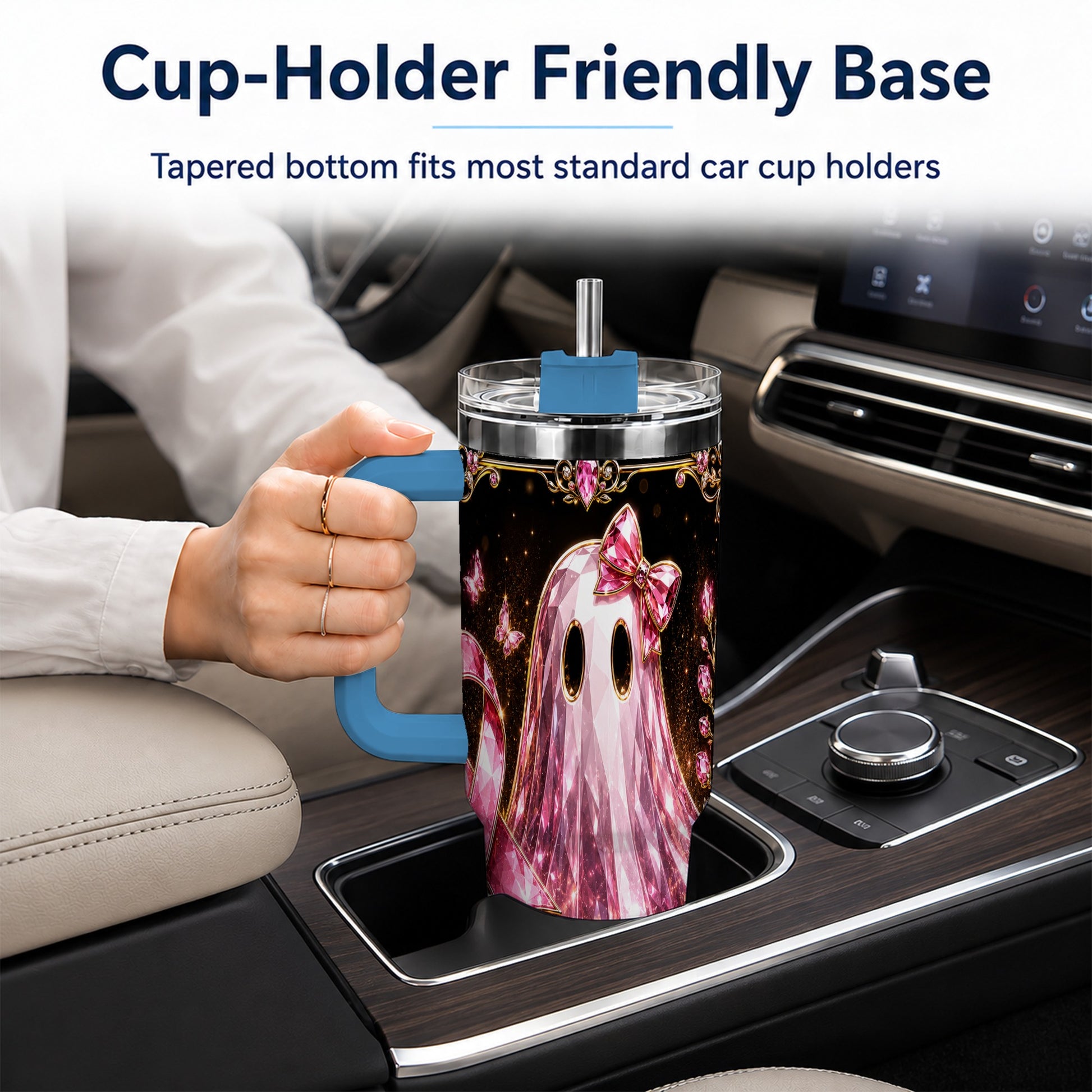 #pl[40oz|Blue] Awareness Ribbon Ghost 40oz Tumbler with Handle, Stainless Steel Travel Cup