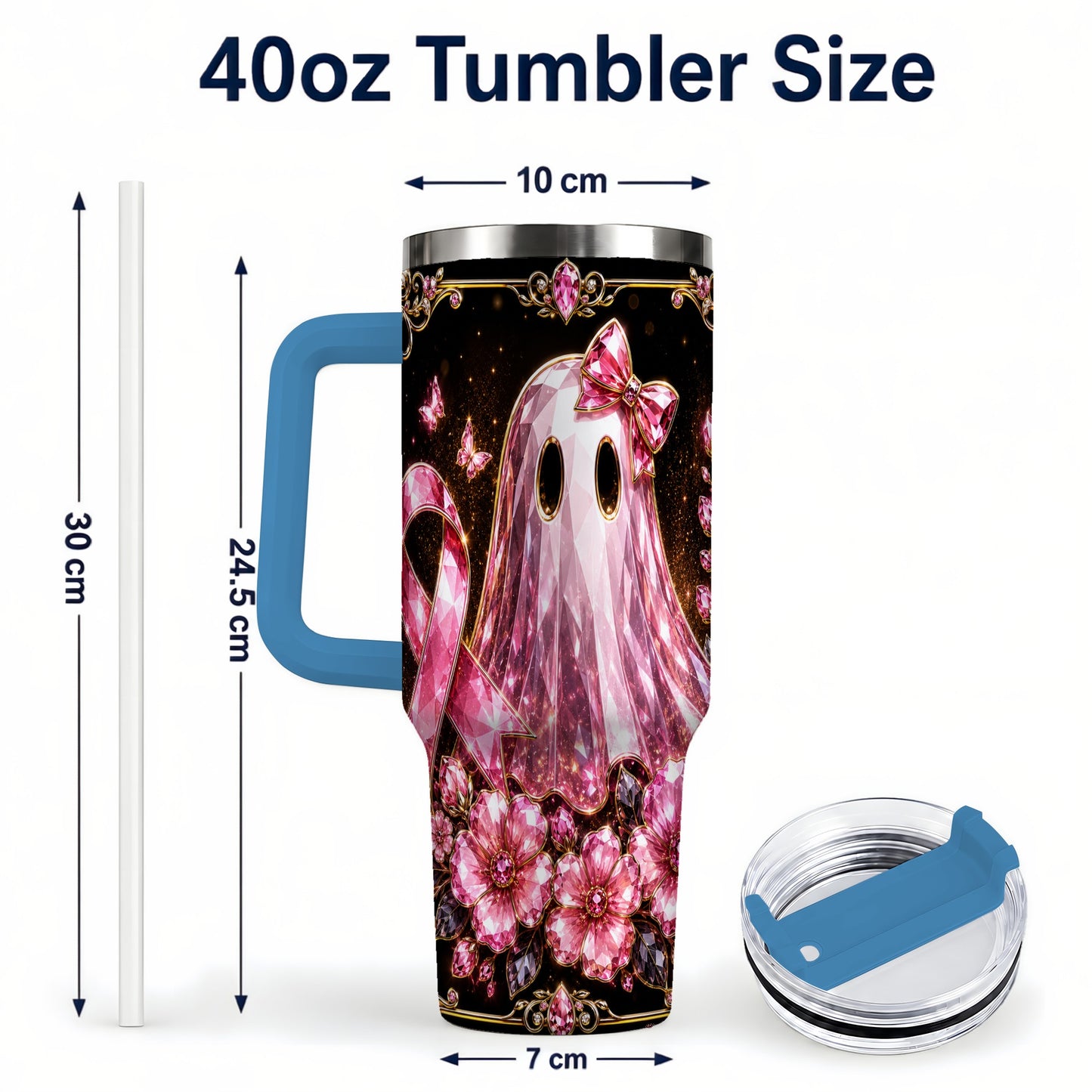 #pl[40oz|Blue] Awareness Ribbon Ghost 40oz Tumbler with Handle, Stainless Steel Travel Cup