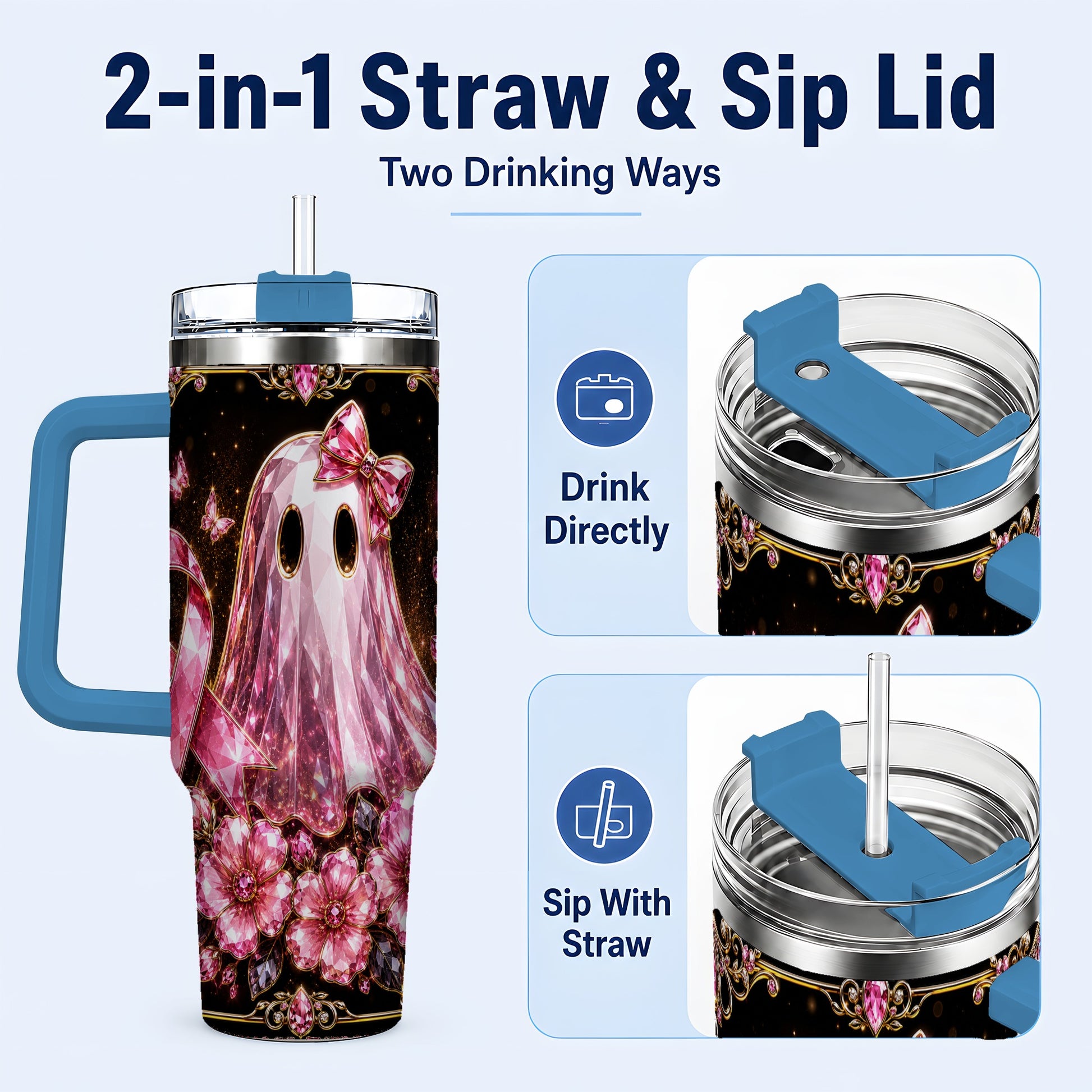 #pl[40oz|Blue] Awareness Ribbon Ghost 40oz Tumbler with Handle, Stainless Steel Travel Cup