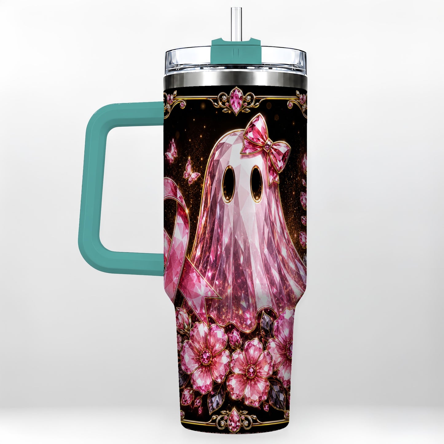 #pl[40oz|Green] Awareness Ribbon Ghost 40oz Tumbler with Handle, Stainless Steel Travel Cup