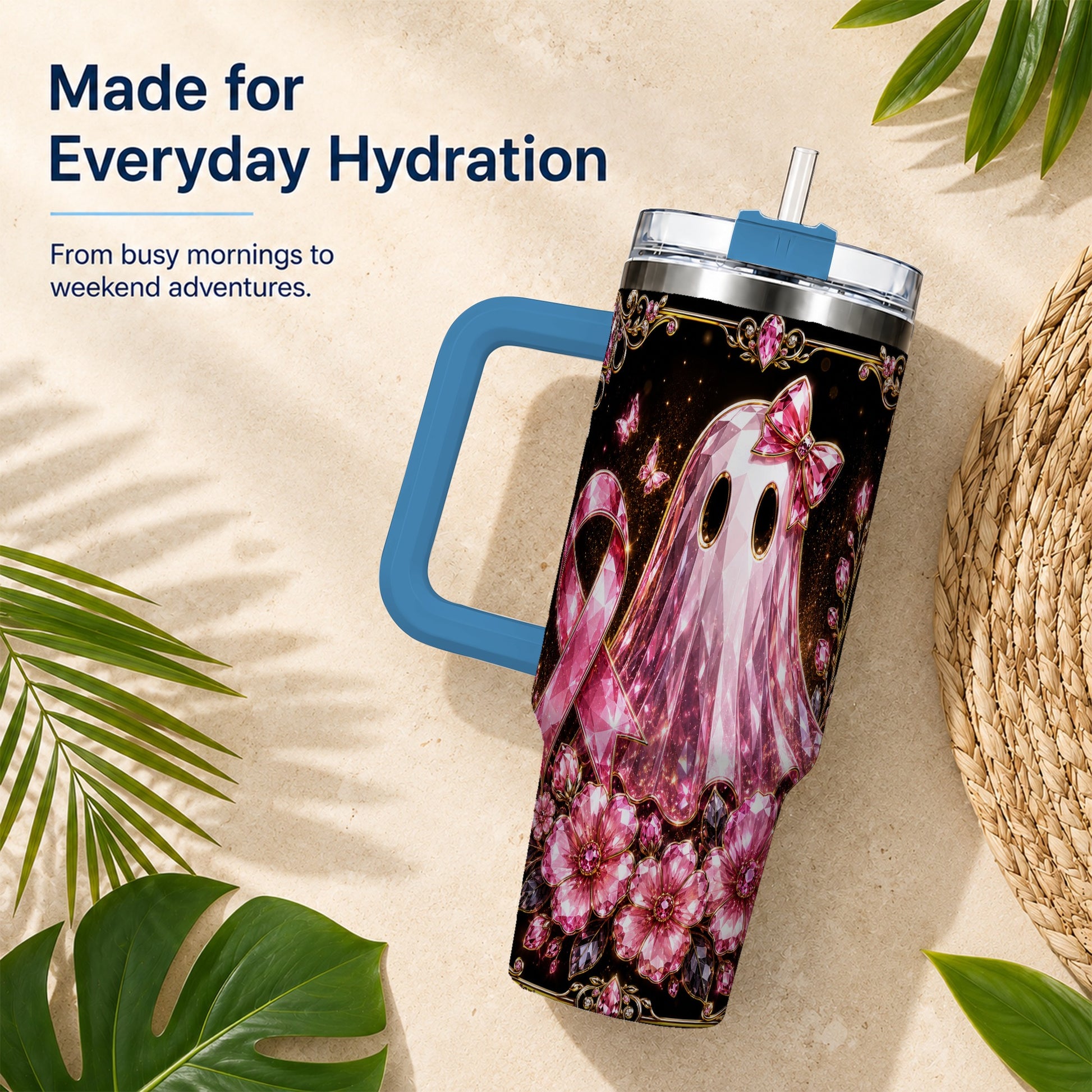 #pl[40oz|Blue] Awareness Ribbon Ghost 40oz Tumbler with Handle, Stainless Steel Travel Cup