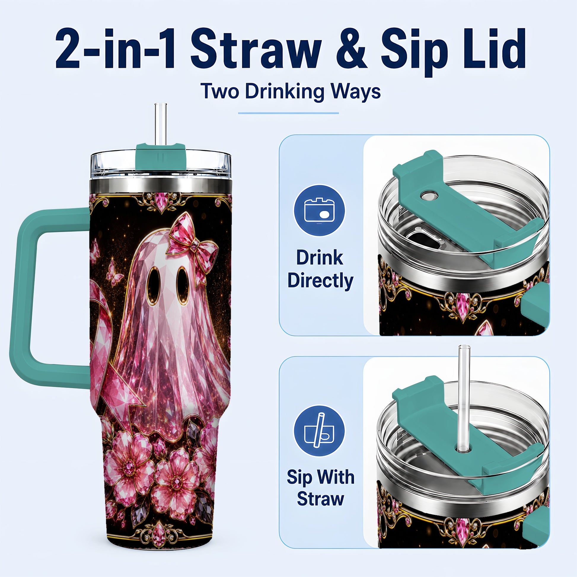 #pl[40oz|Green] Awareness Ribbon Ghost 40oz Tumbler with Handle, Stainless Steel Travel Cup