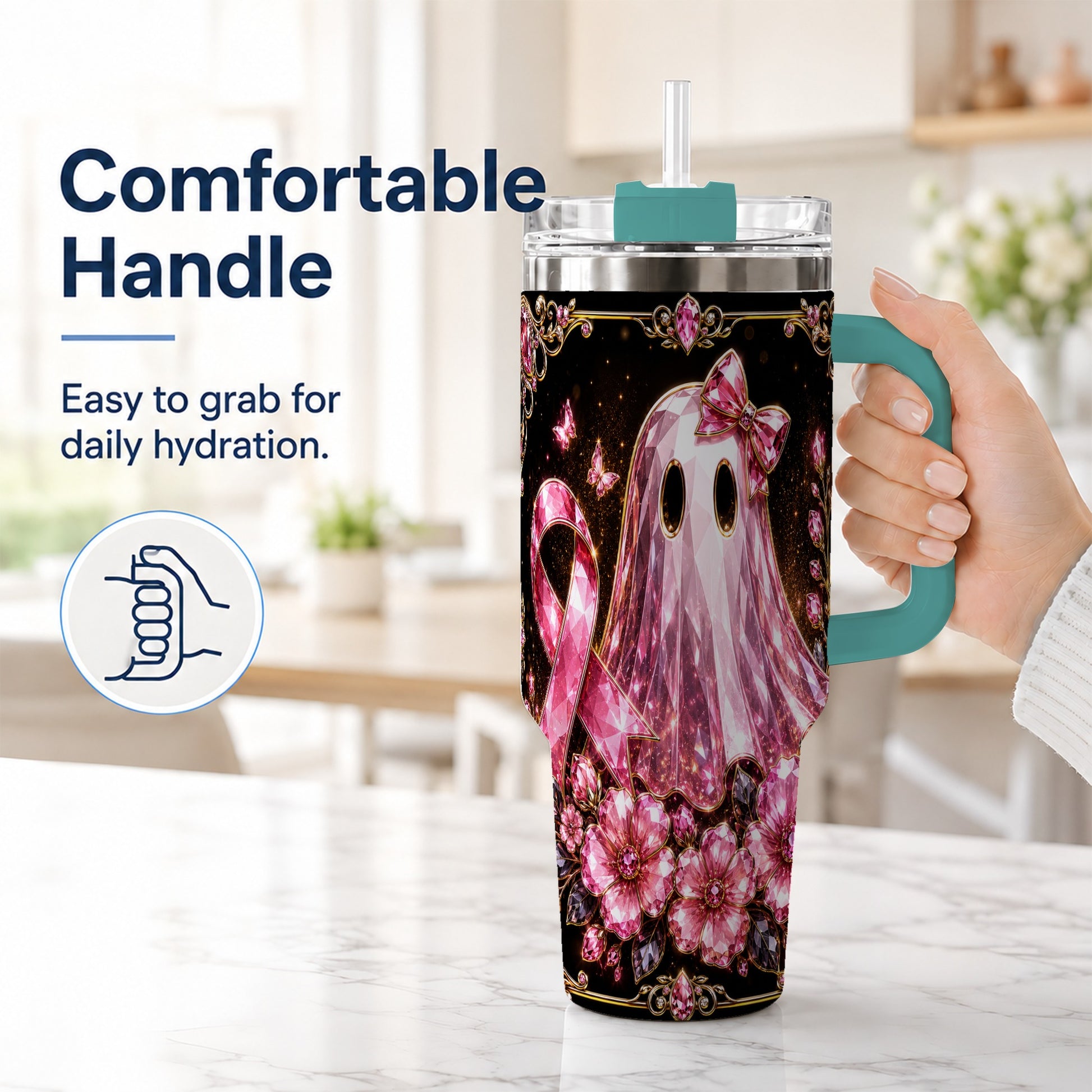 #pl[40oz|Green] Awareness Ribbon Ghost 40oz Tumbler with Handle, Stainless Steel Travel Cup