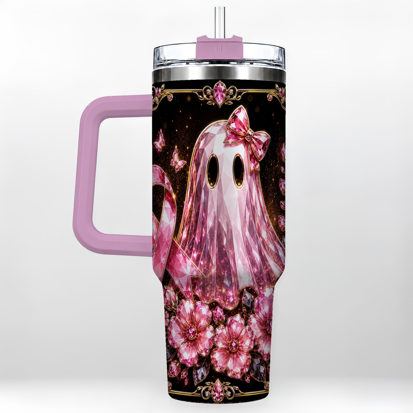 #pl[40oz|Pink] Awareness Ribbon Ghost 40oz Tumbler with Handle, Stainless Steel Travel Cup