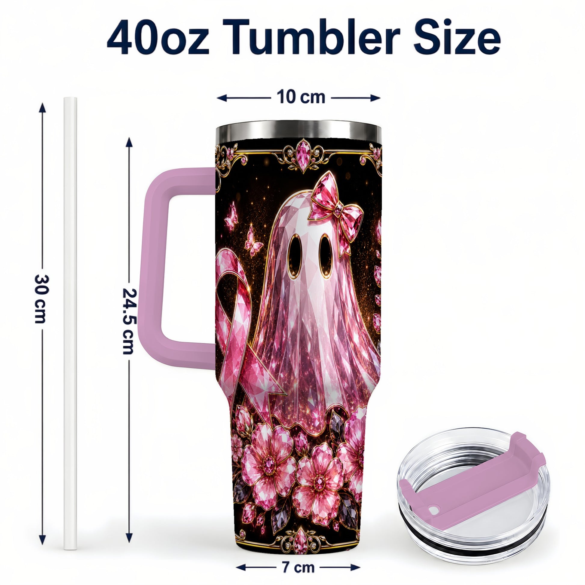 #pl[40oz|Pink] Awareness Ribbon Ghost 40oz Tumbler with Handle, Stainless Steel Travel Cup