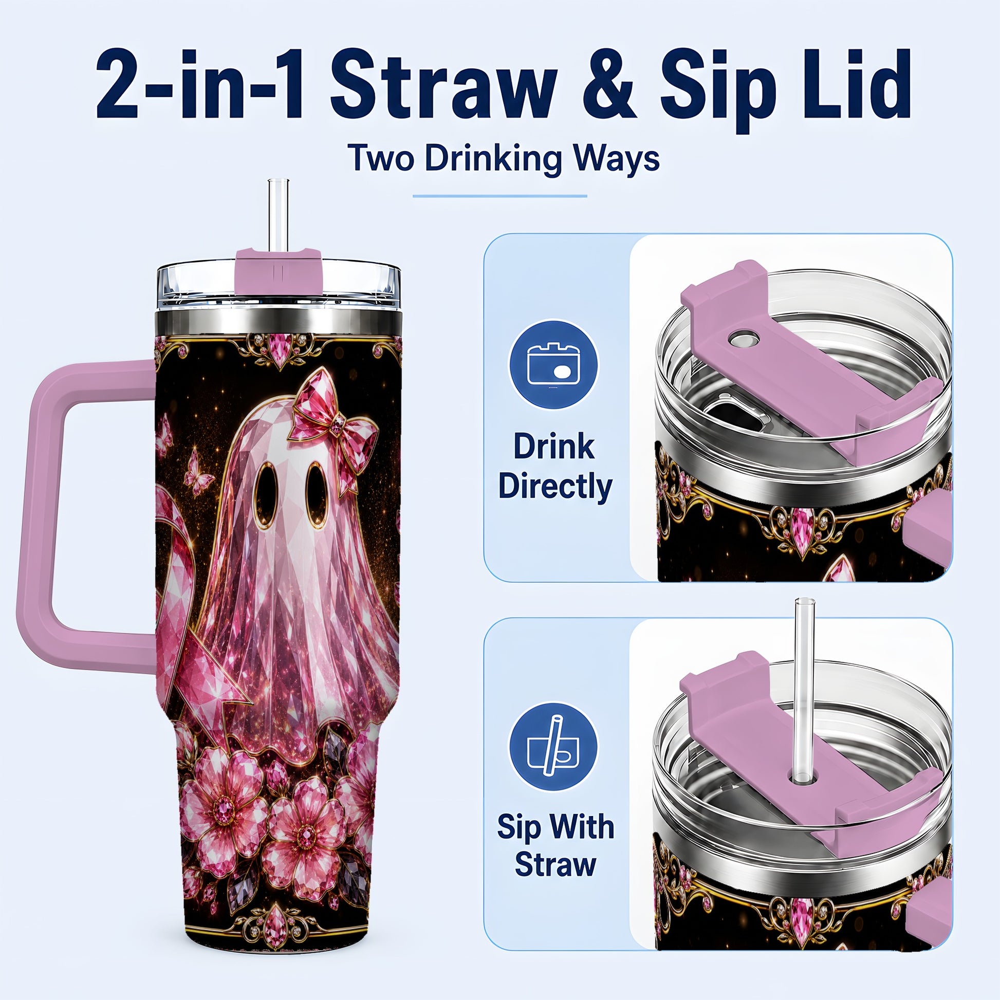 #pl[40oz|Pink] Awareness Ribbon Ghost 40oz Tumbler with Handle, Stainless Steel Travel Cup
